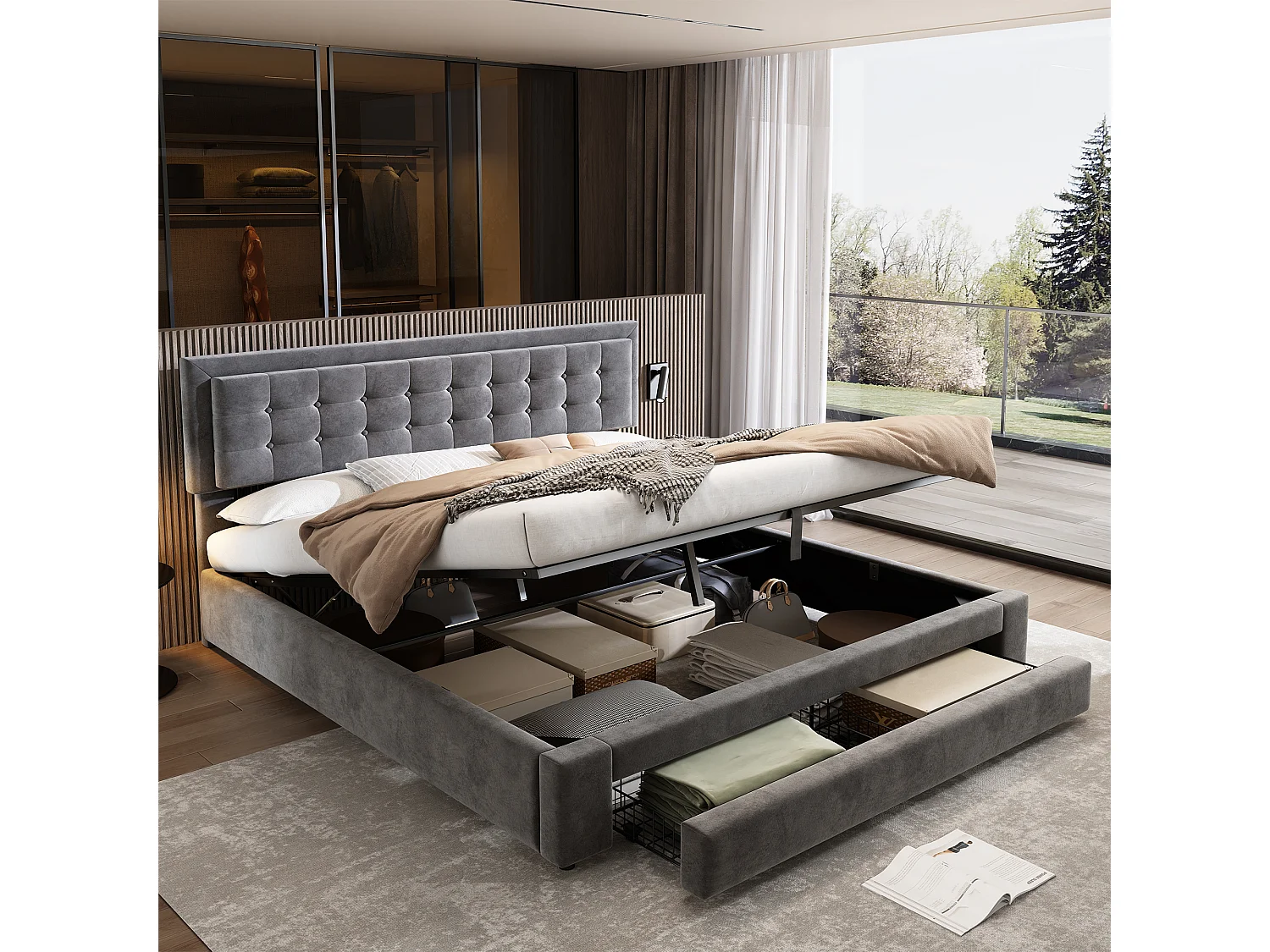 Lit coffre 160x200 velours gris, tête capitonnée, 2 tiroirs, sommier lattes, lit double