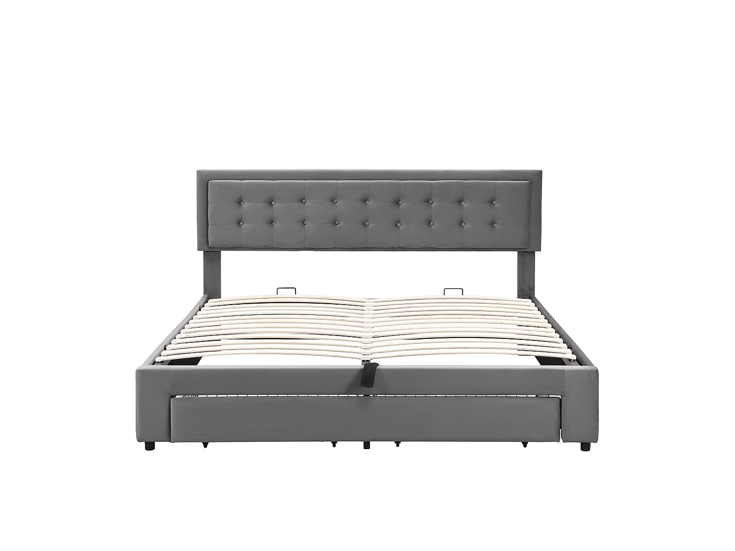 Lit coffre 160x200 velours gris, tête capitonnée, 2 tiroirs, sommier lattes, lit double