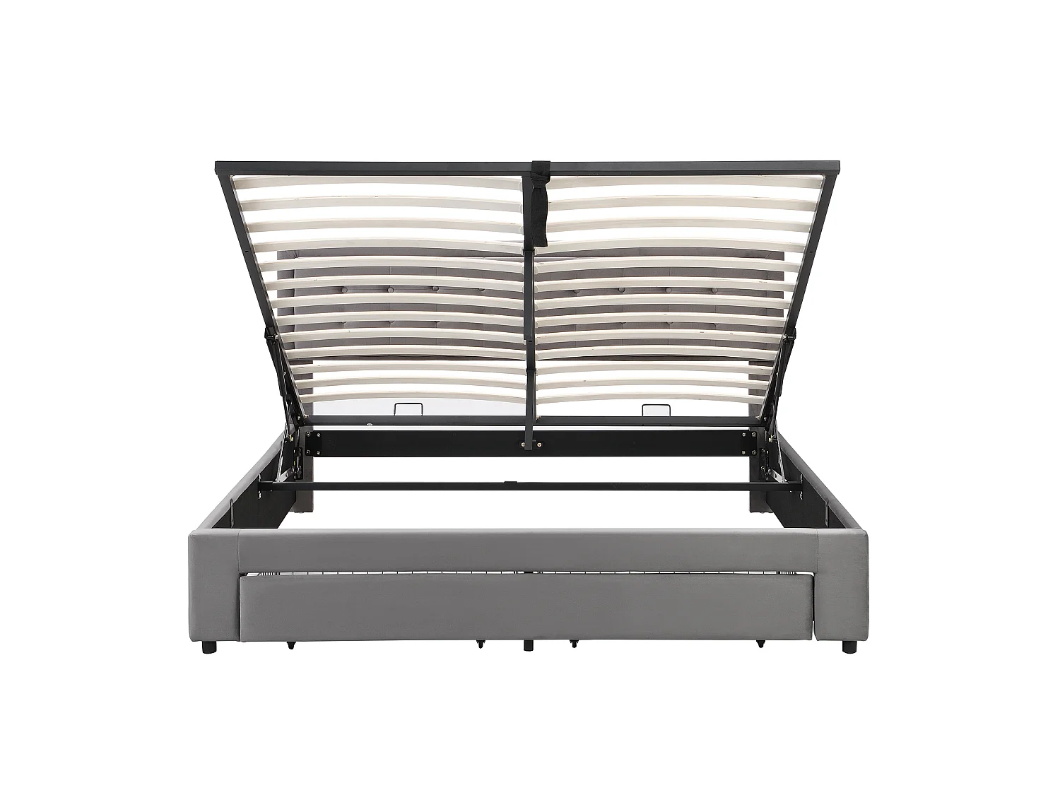 Lit coffre 160x200 velours gris, tête capitonnée, 2 tiroirs, sommier lattes, lit double