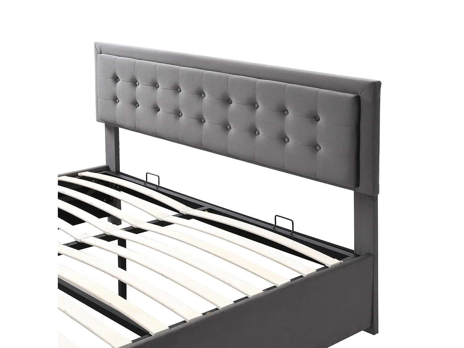 Lit coffre 160x200 velours gris, tête capitonnée, 2 tiroirs, sommier lattes, lit double