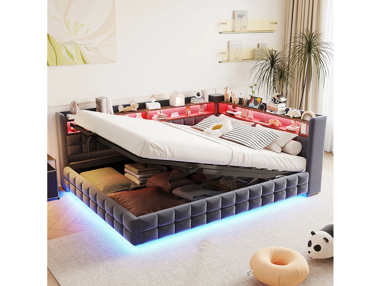 Letto contenitore per adulti 140x200 cm in velluto con illuminazione a LED e presa di corrente - Grigio scuro