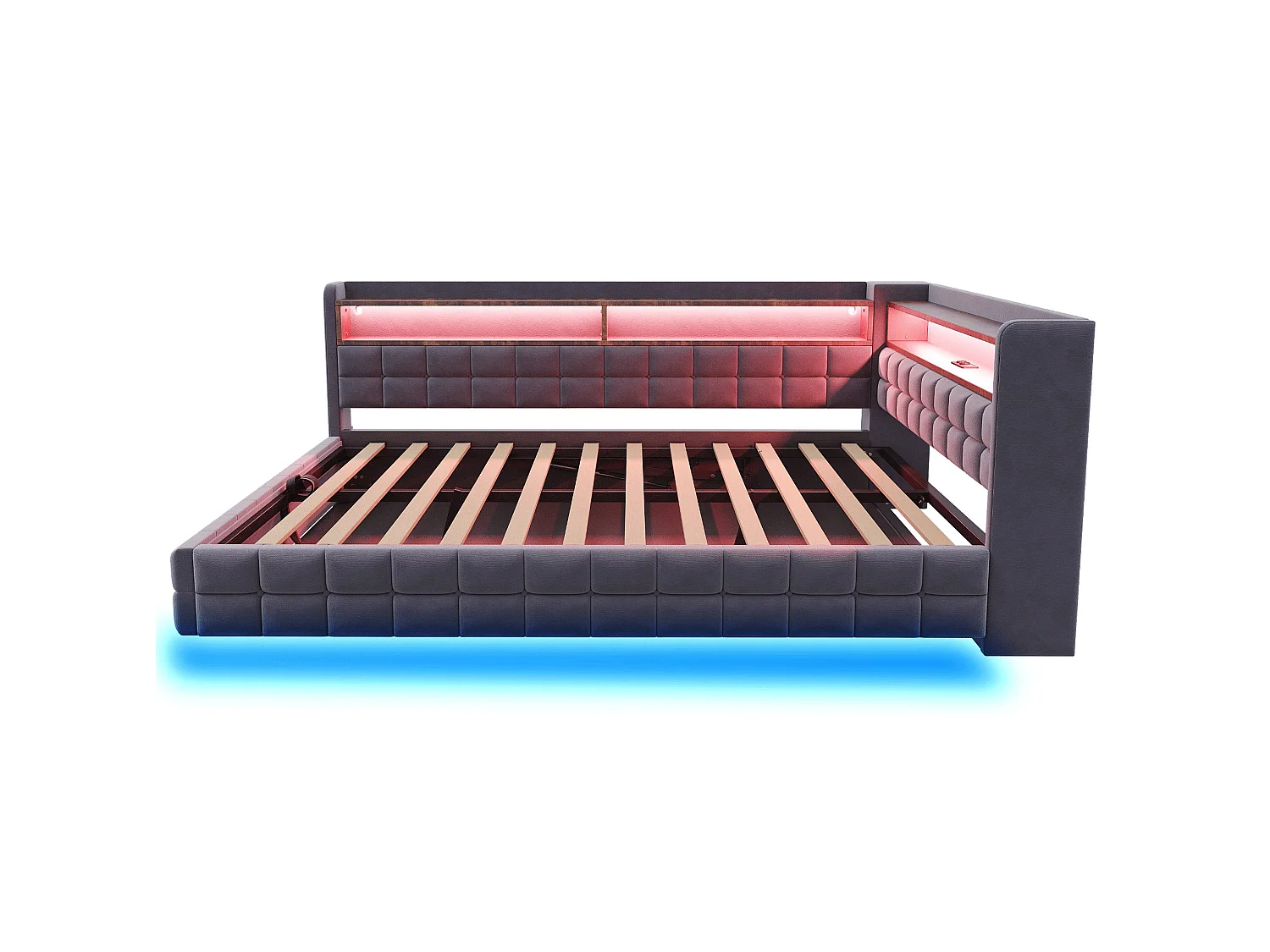Letto contenitore per adulti 140x200 cm in velluto con illuminazione a LED e presa di corrente - Grigio scuro