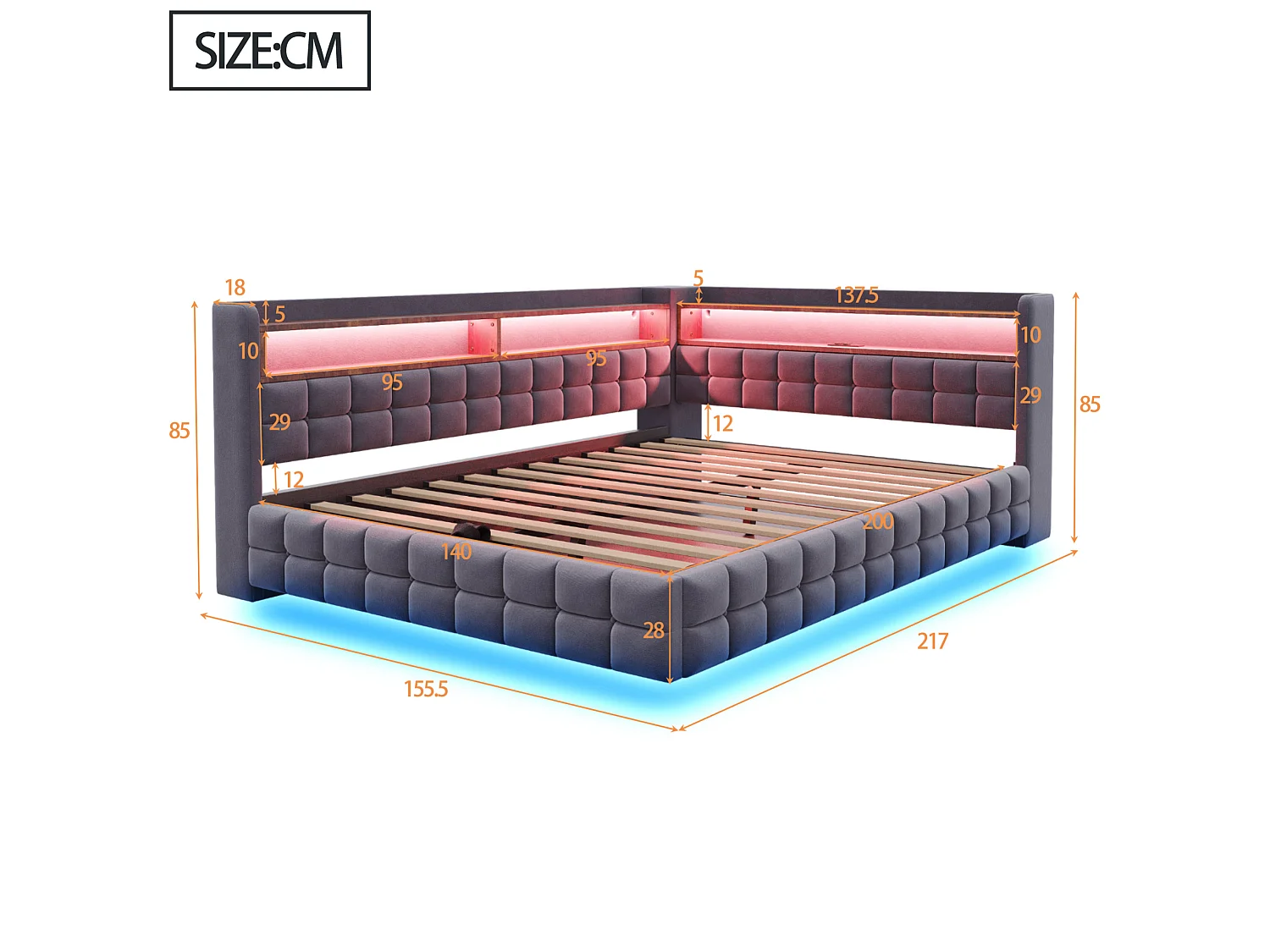 Letto contenitore per adulti 140x200 cm in velluto con illuminazione a LED e presa di corrente - Grigio scuro