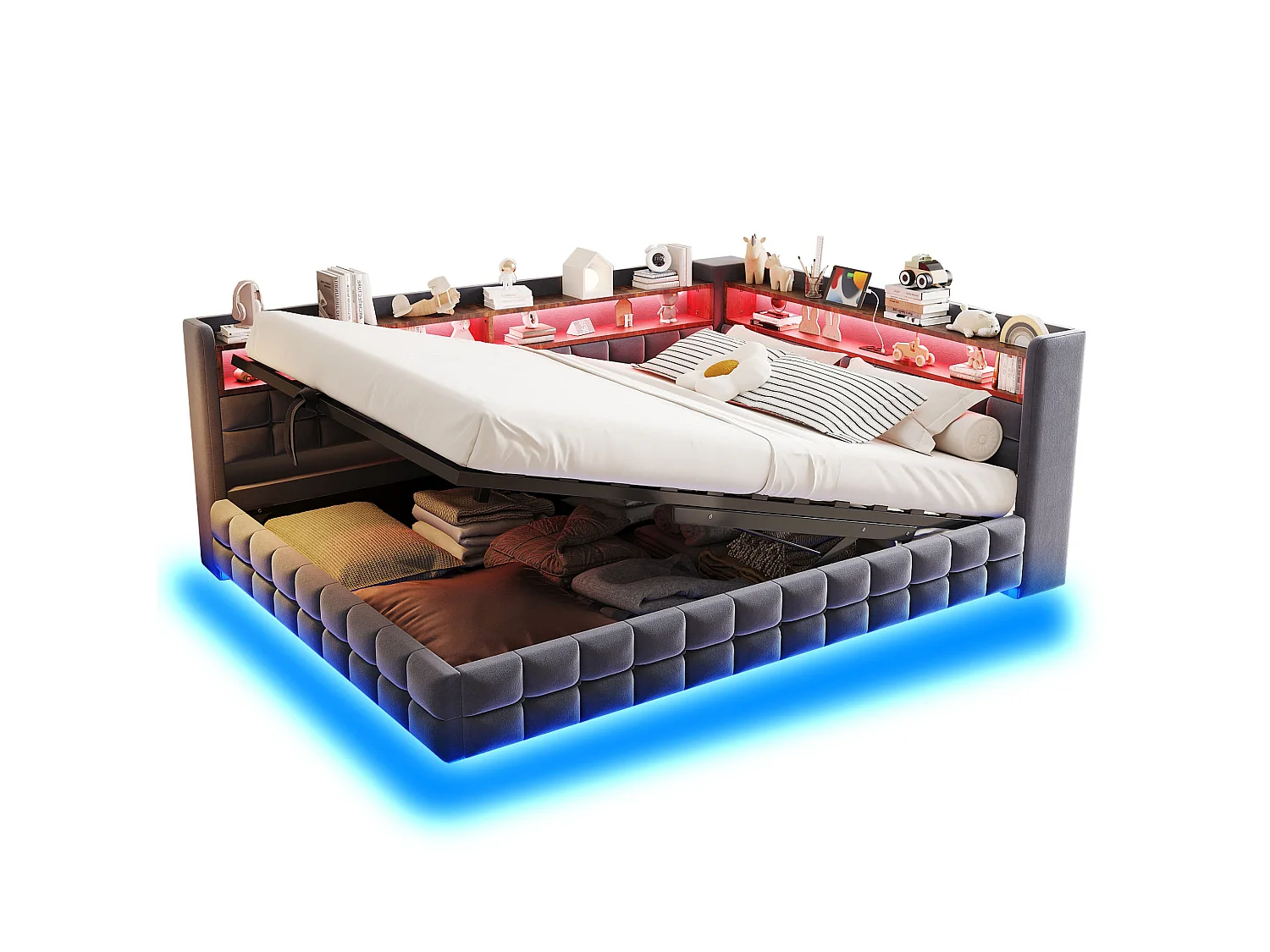 Letto contenitore per adulti 140x200 cm in velluto con illuminazione a LED e presa di corrente - Grigio scuro