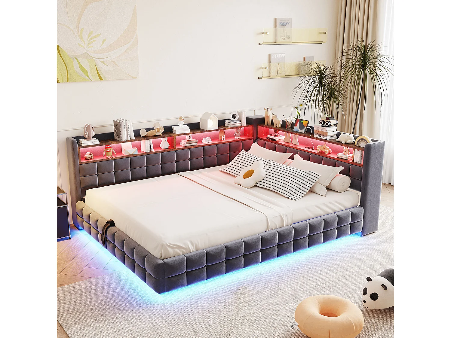 Letto contenitore per adulti 140x200 cm in velluto con illuminazione a LED e presa di corrente - Grigio scuro