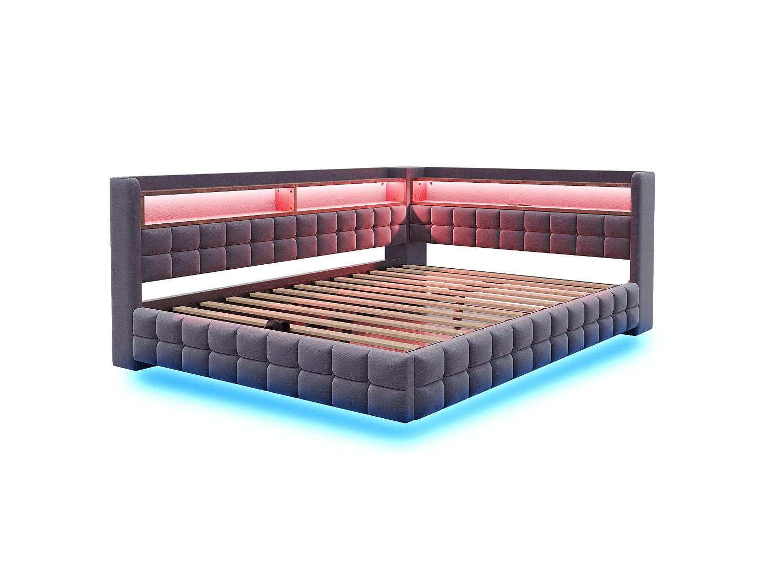Letto contenitore per adulti 140x200 cm in velluto con illuminazione a LED e presa di corrente - Grigio scuro