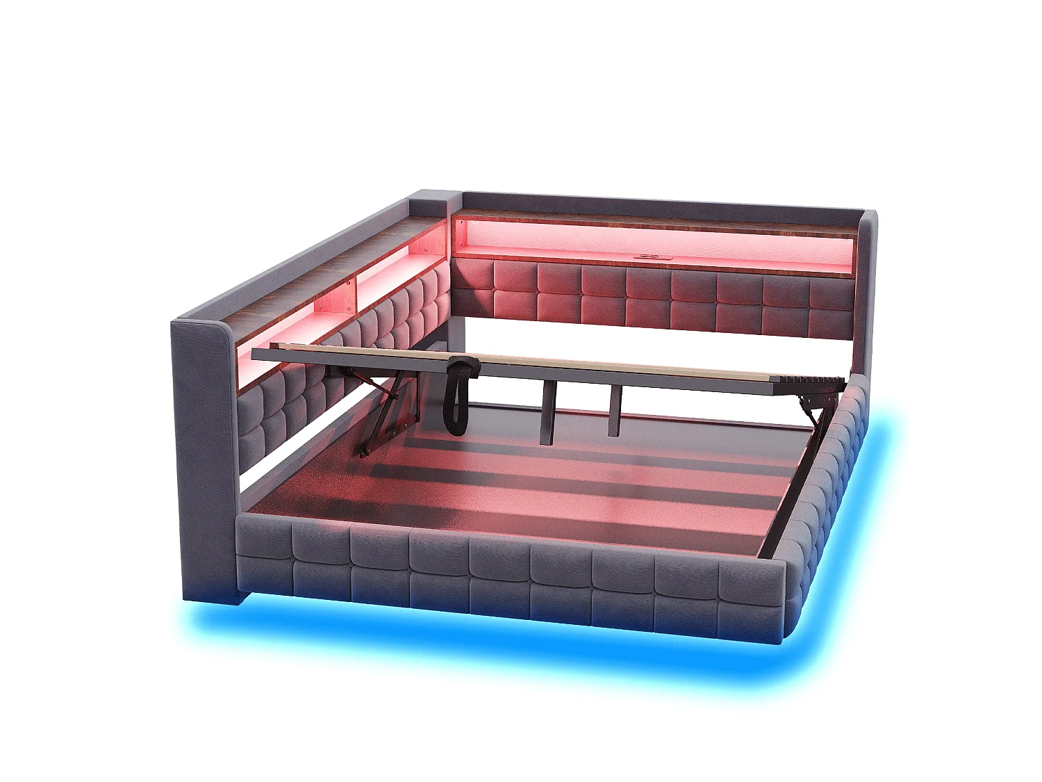 Letto contenitore per adulti 140x200 cm in velluto con illuminazione a LED e presa di corrente - Grigio scuro