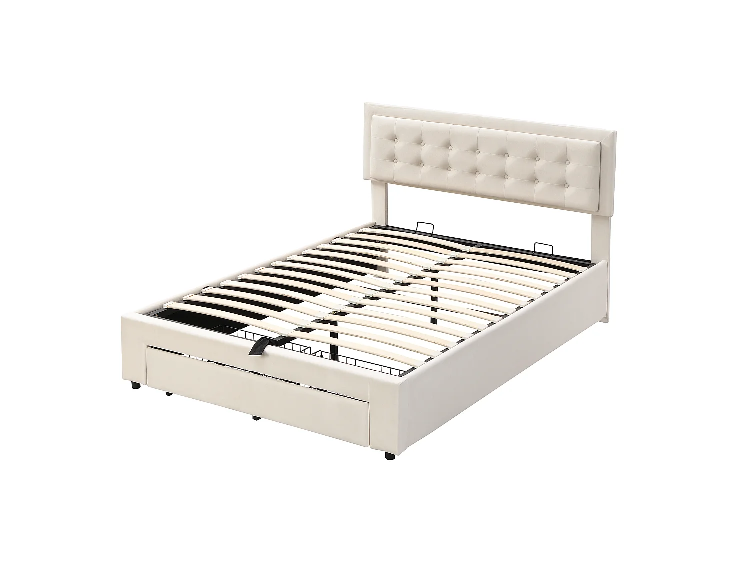 Lit coffre hydraulique 140x190 velours beige, tête capitonnée, 2 tiroirs, sommier lattes
