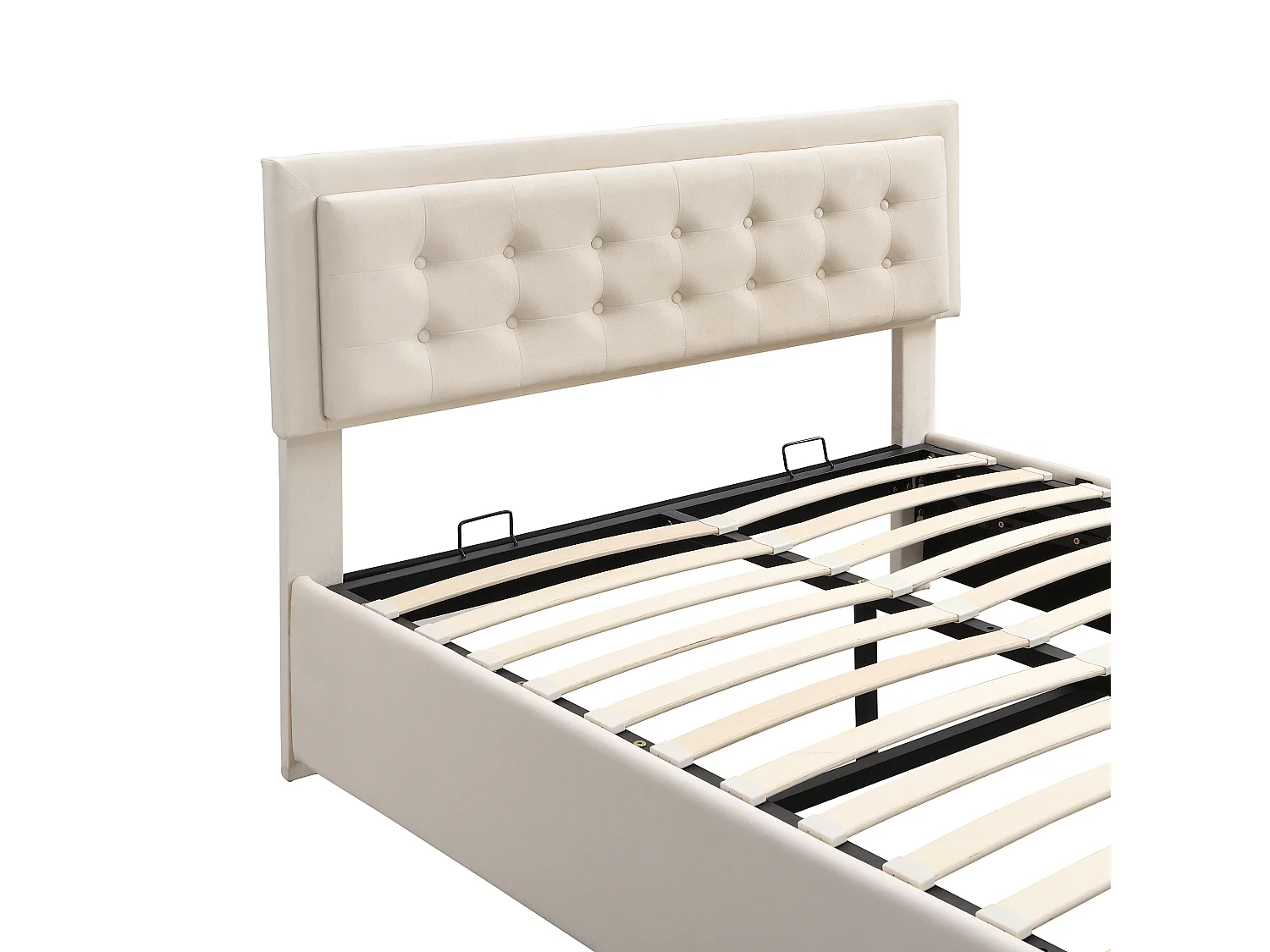 Lit coffre hydraulique 140x190 velours beige, tête capitonnée, 2 tiroirs, sommier lattes