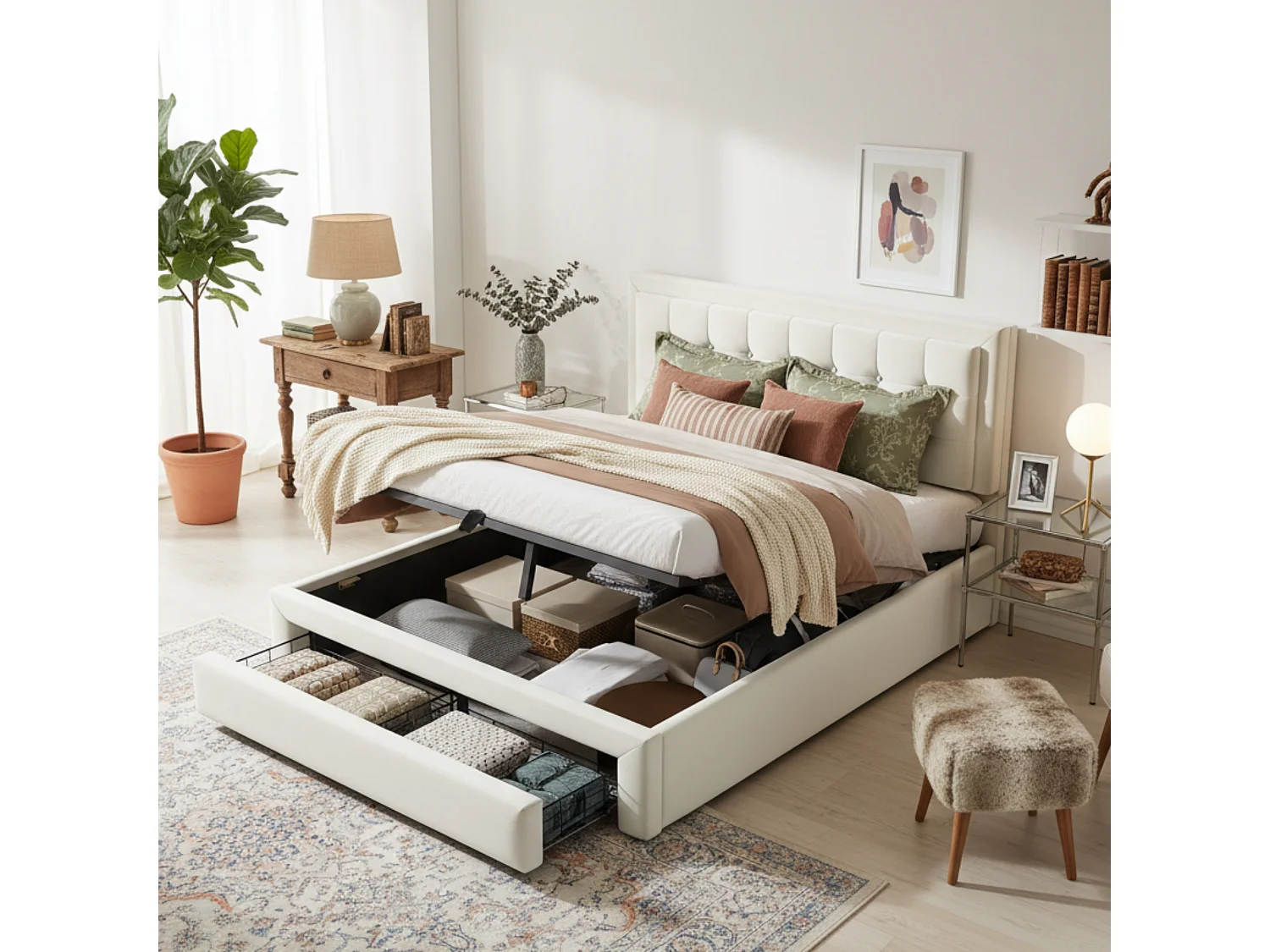 Lit coffre hydraulique 140x190 velours beige, tête capitonnée, 2 tiroirs, sommier lattes