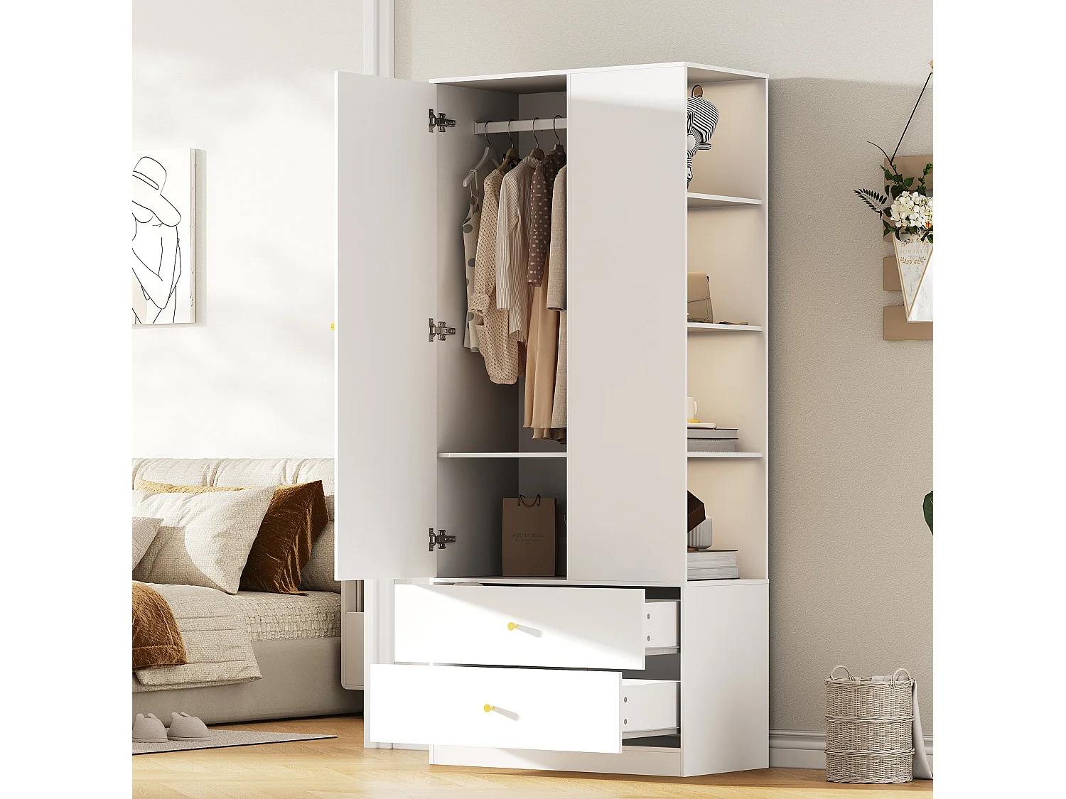 Armoire avec miroir , 2 tiroirs et 1 porte - Blanc 80 × 40 × 180 cm