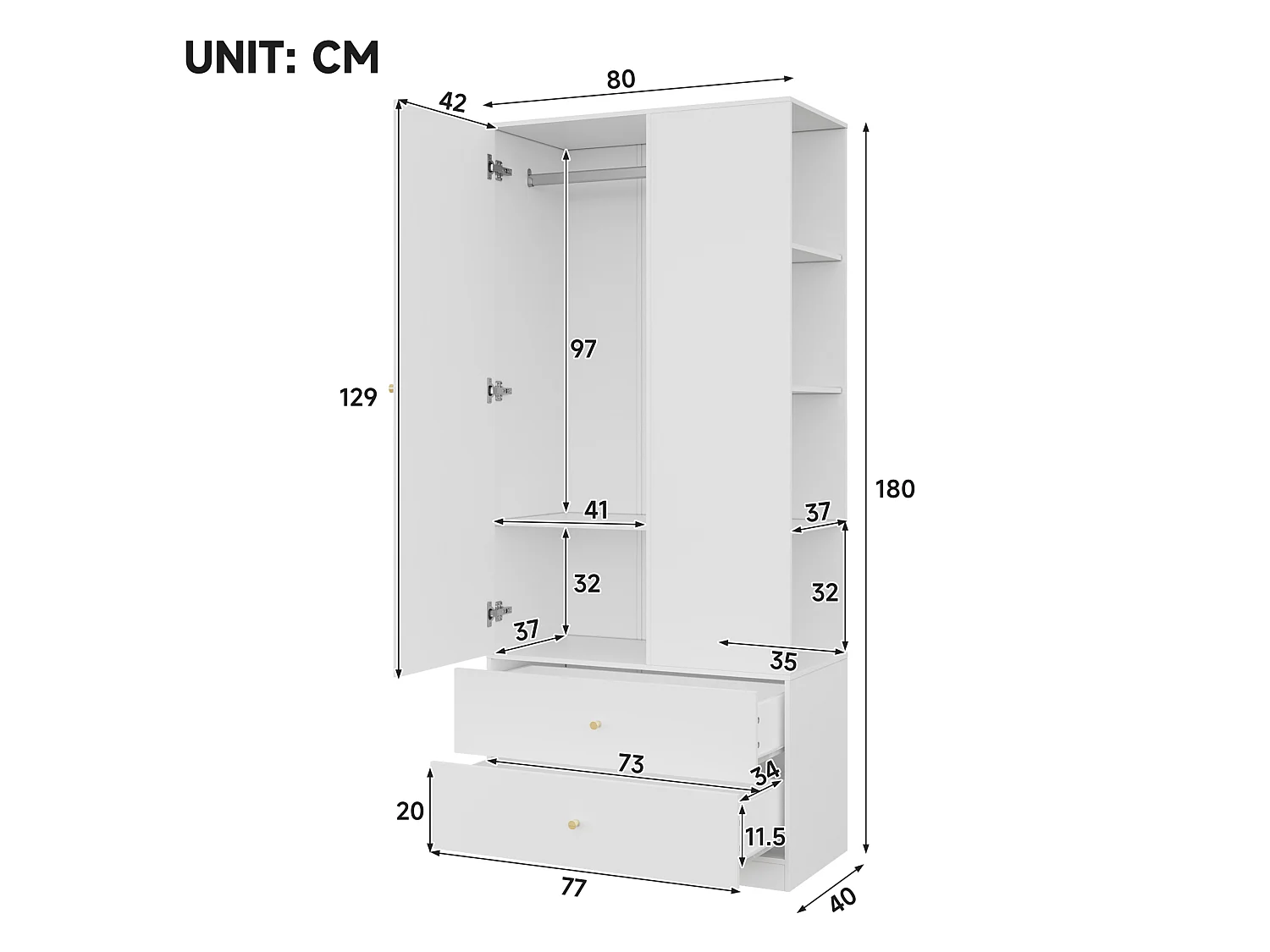 Armoire avec miroir , 2 tiroirs et 1 porte - Blanc 80 × 40 × 180 cm