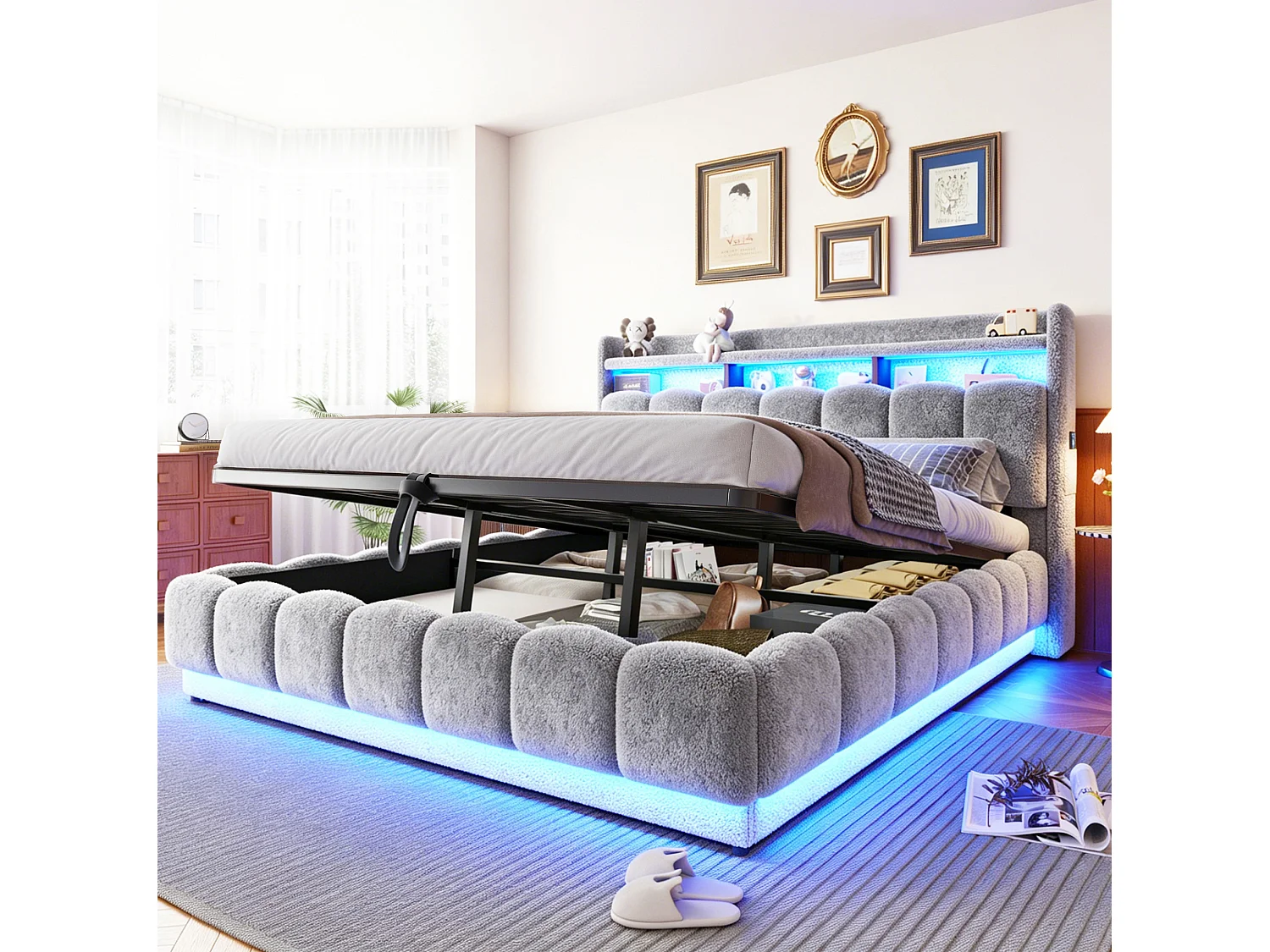 Opbergbed voor volwassenen 180 x 200 cm met LED-verlichting en USB-poort - Tweepersoonsbed in grijze stof