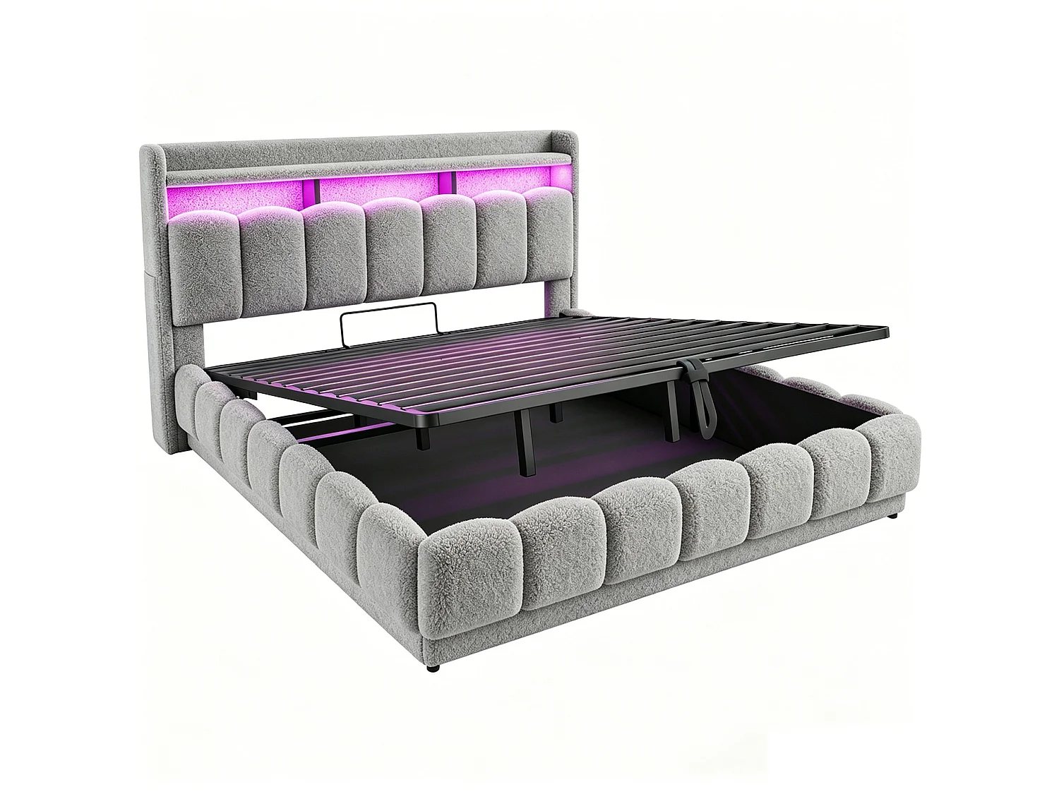 Opbergbed voor volwassenen 180 x 200 cm met LED-verlichting en USB-poort - Tweepersoonsbed in grijze stof