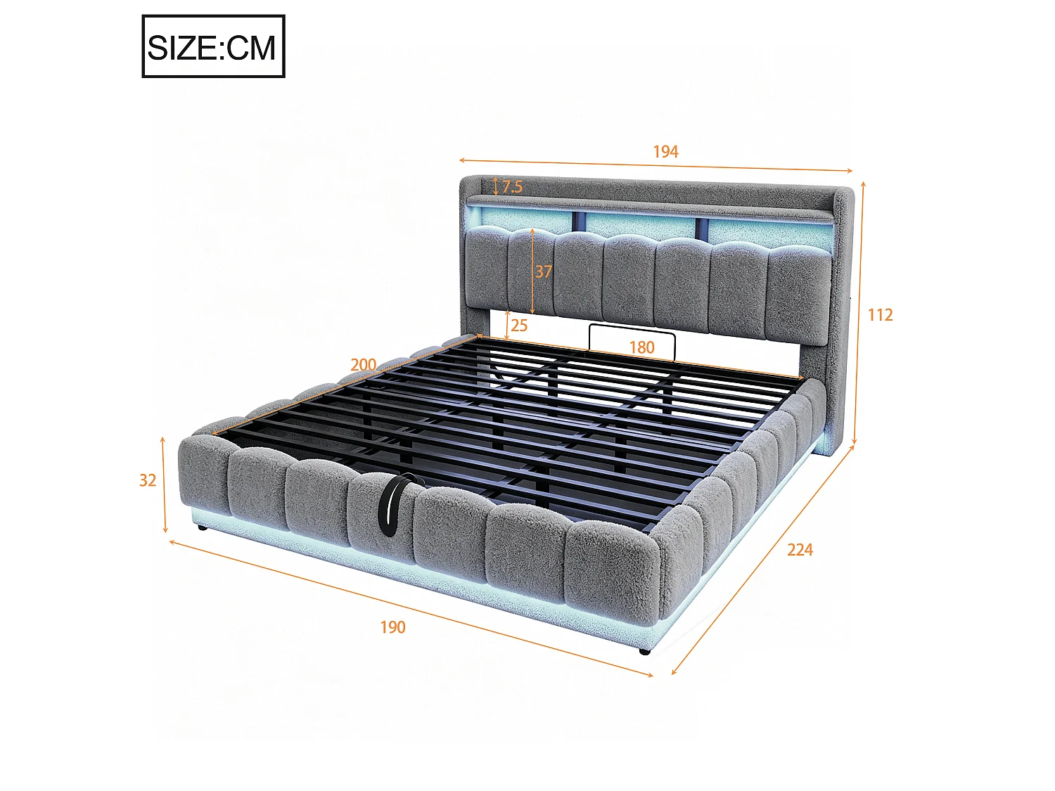 Opbergbed voor volwassenen 180 x 200 cm met LED-verlichting en USB-poort - Tweepersoonsbed in grijze stof
