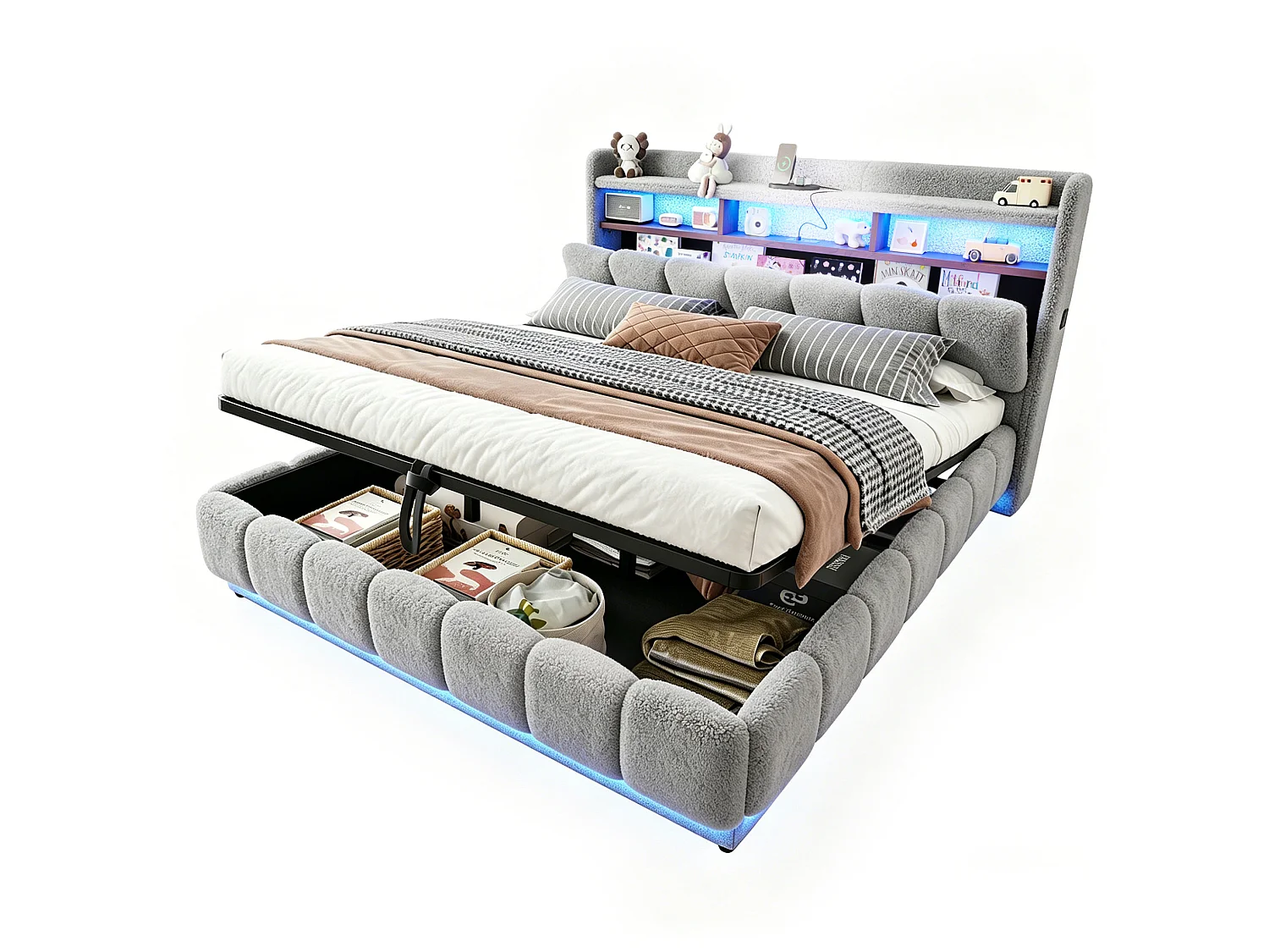 Opbergbed voor volwassenen 180 x 200 cm met LED-verlichting en USB-poort - Tweepersoonsbed in grijze stof