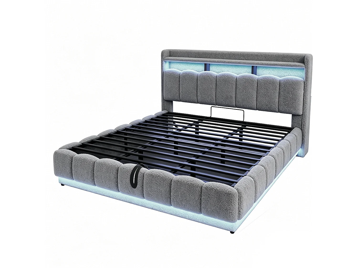 Opbergbed voor volwassenen 180 x 200 cm met LED-verlichting en USB-poort - Tweepersoonsbed in grijze stof