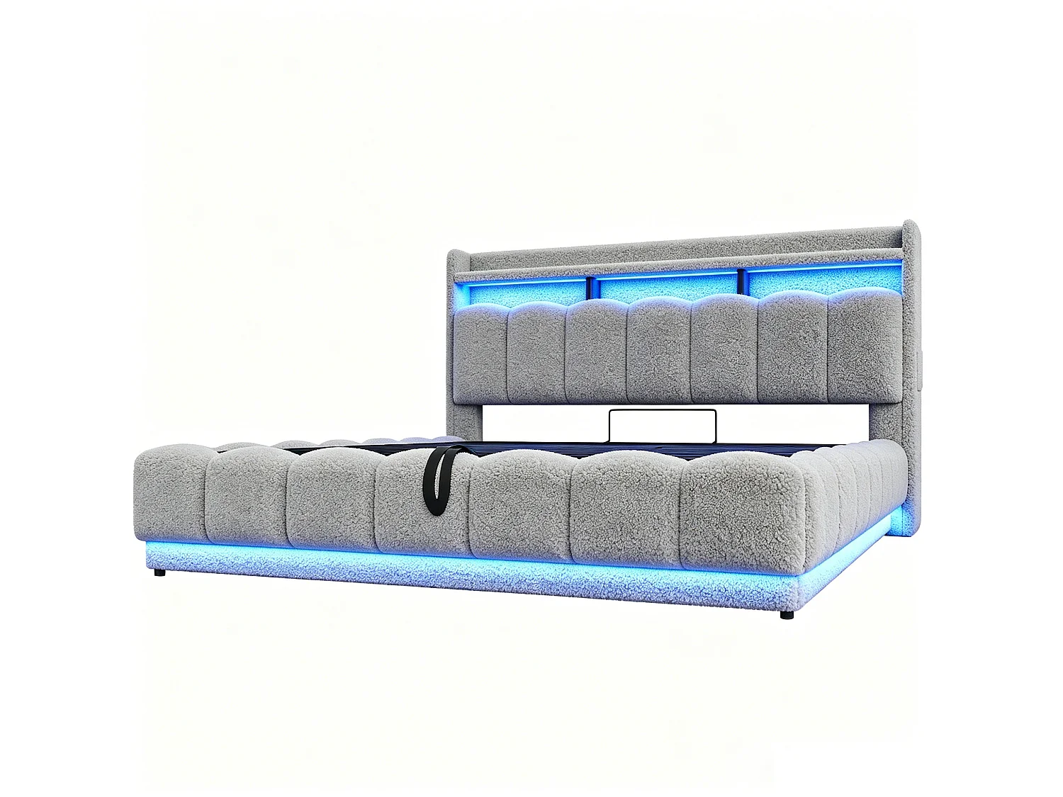 Opbergbed voor volwassenen 180 x 200 cm met LED-verlichting en USB-poort - Tweepersoonsbed in grijze stof