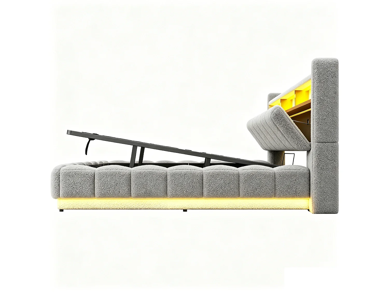 Opbergbed voor volwassenen 180 x 200 cm met LED-verlichting en USB-poort - Tweepersoonsbed in grijze stof