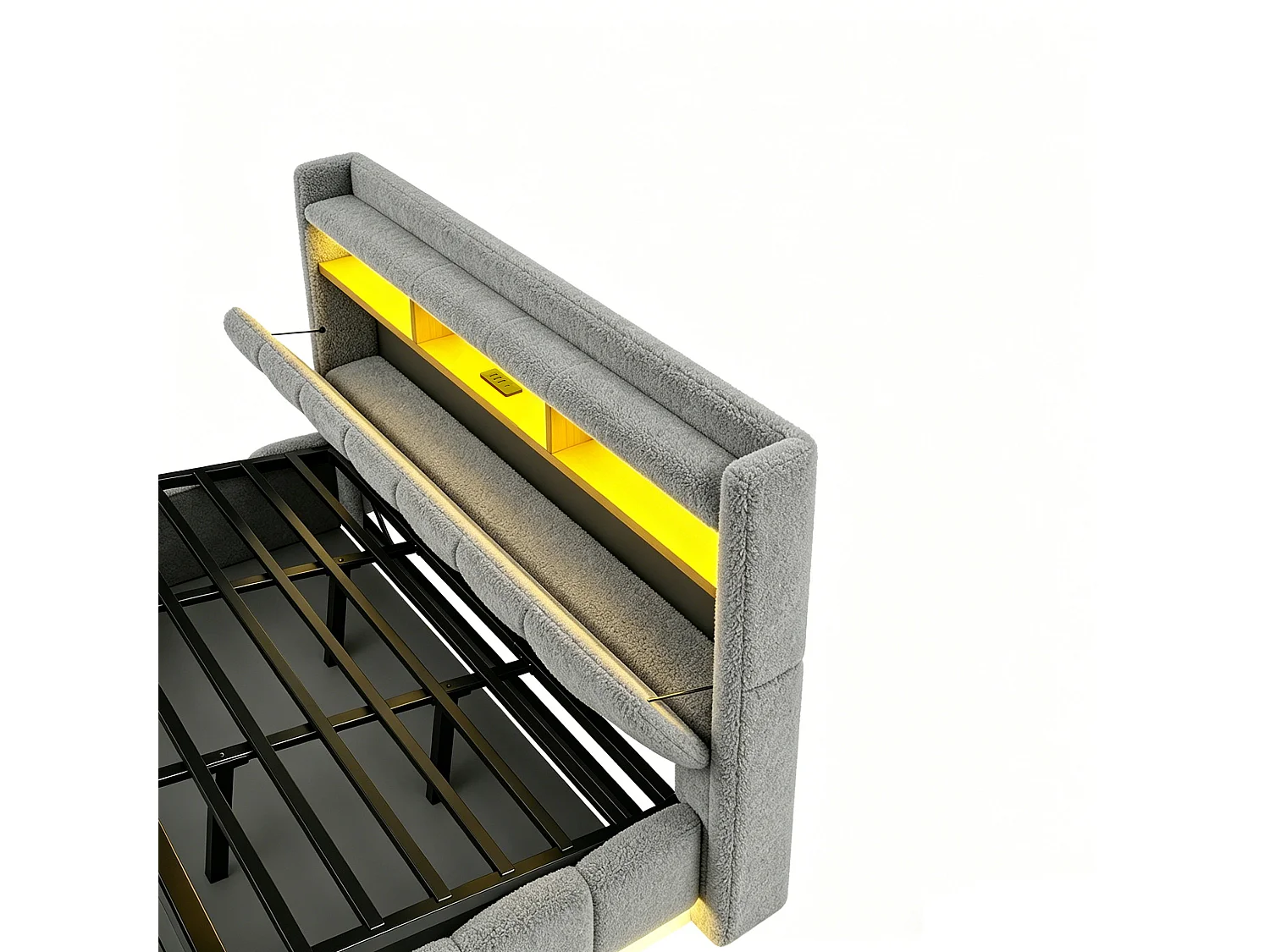 Opbergbed voor volwassenen 180 x 200 cm met LED-verlichting en USB-poort - Tweepersoonsbed in grijze stof