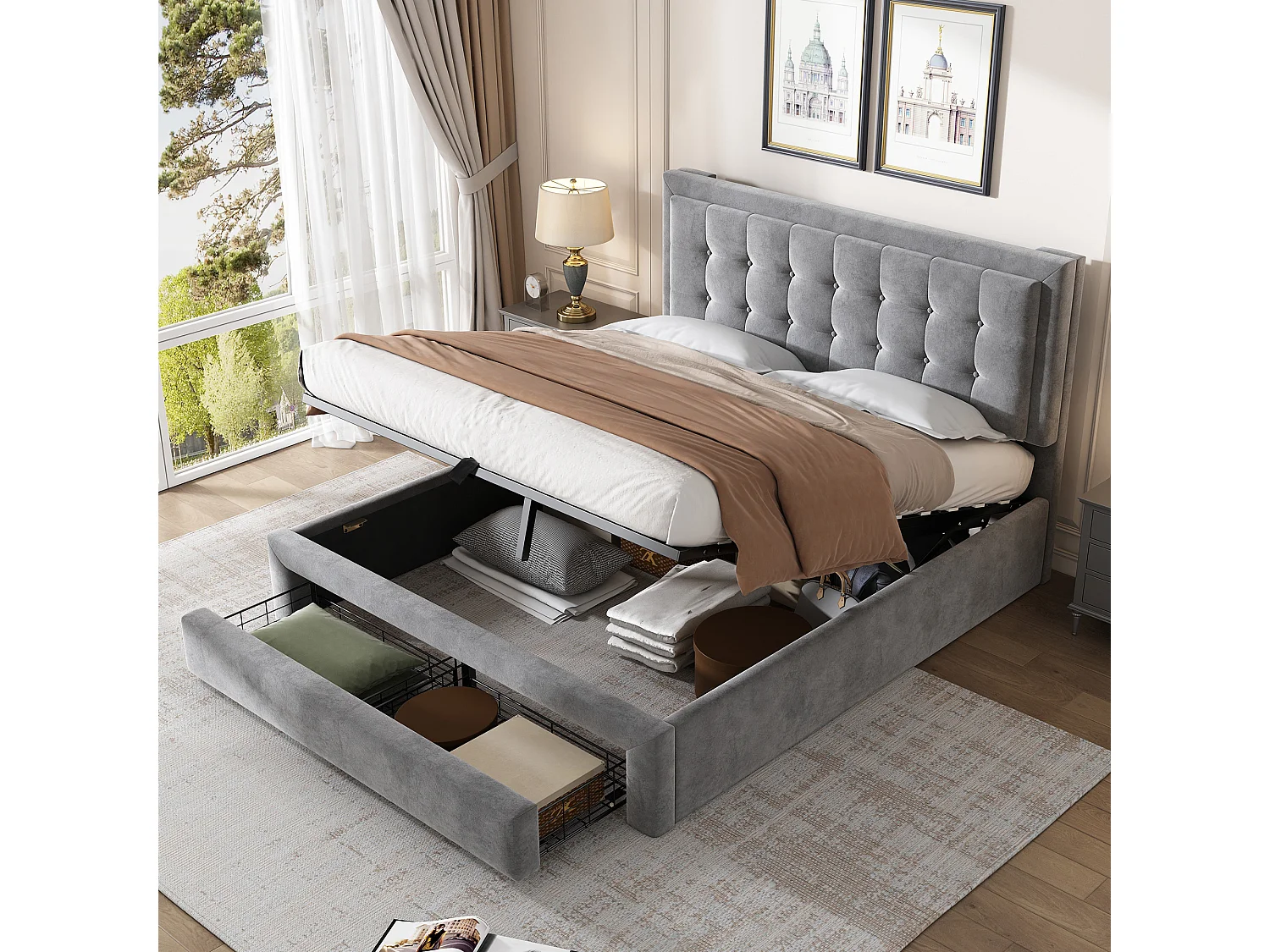 Lit coffre hydraulique 140x190 velours gris, tête capitonnée, 2 tiroirs, sommier lattes