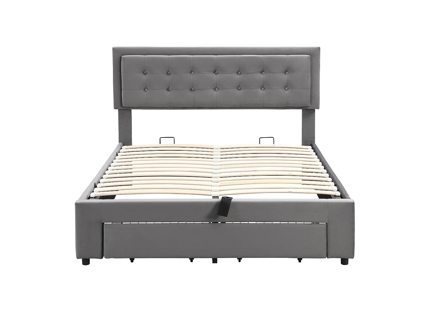 Lit coffre hydraulique 140x190 velours gris, tête capitonnée, 2 tiroirs, sommier lattes