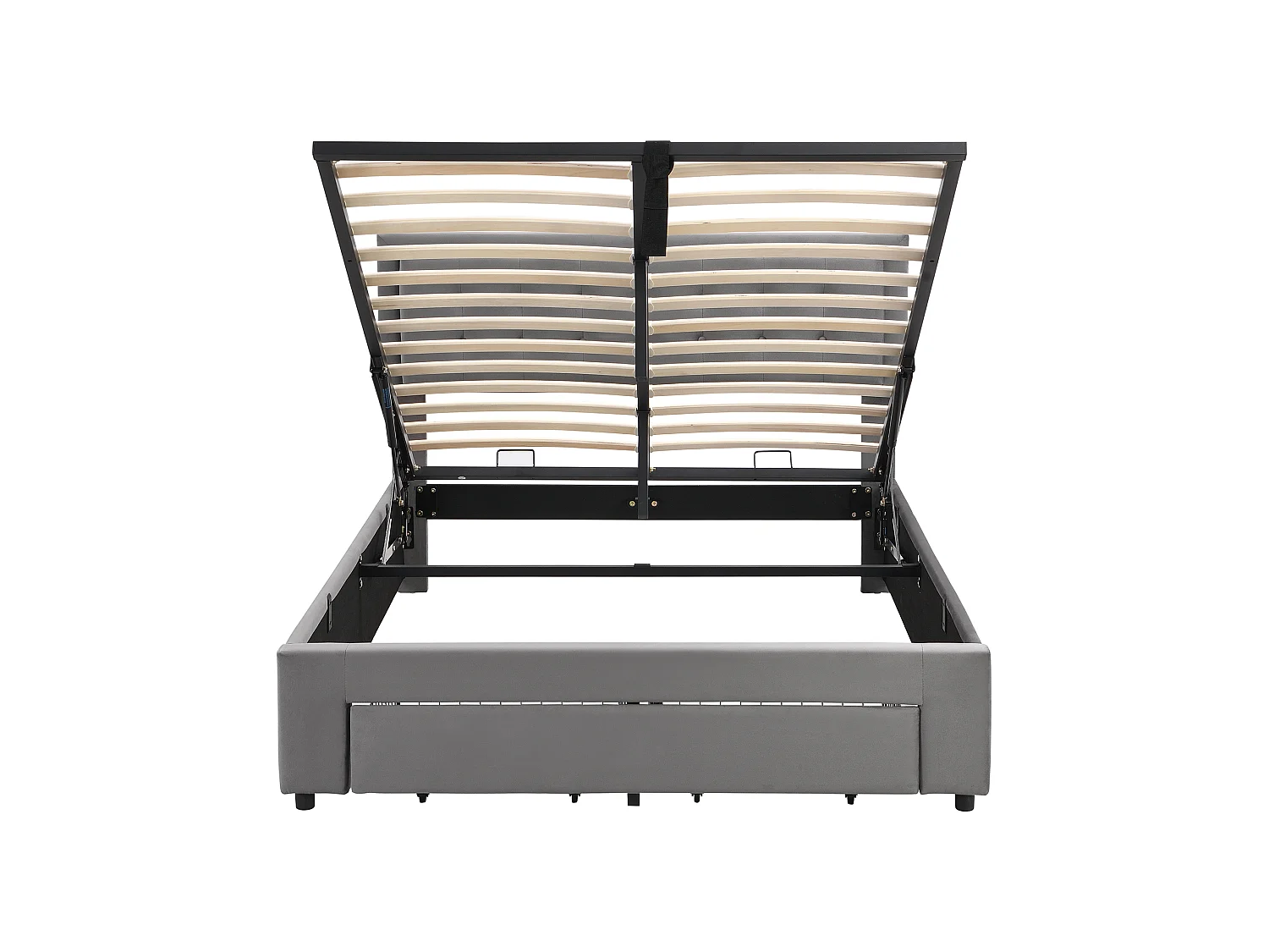 Lit coffre hydraulique 140x190 velours gris, tête capitonnée, 2 tiroirs, sommier lattes