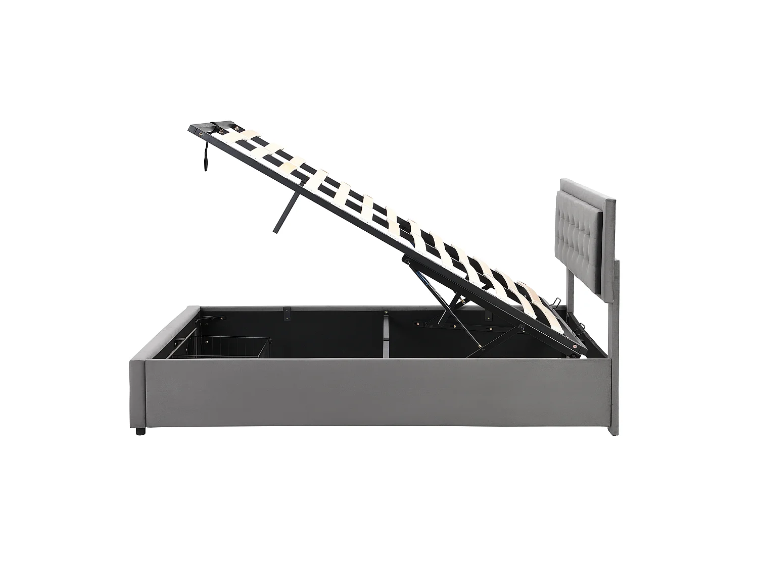 Lit coffre hydraulique 140x190 velours gris, tête capitonnée, 2 tiroirs, sommier lattes
