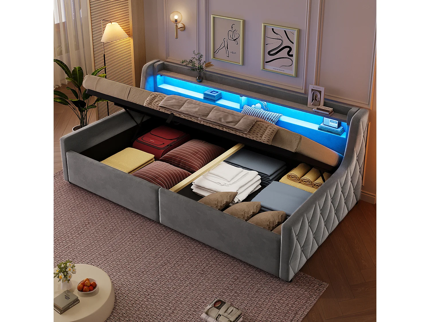 Lit coffre enfant 90x200 cm avec sommier à lattes et LED - Lit banquette en tissu gris