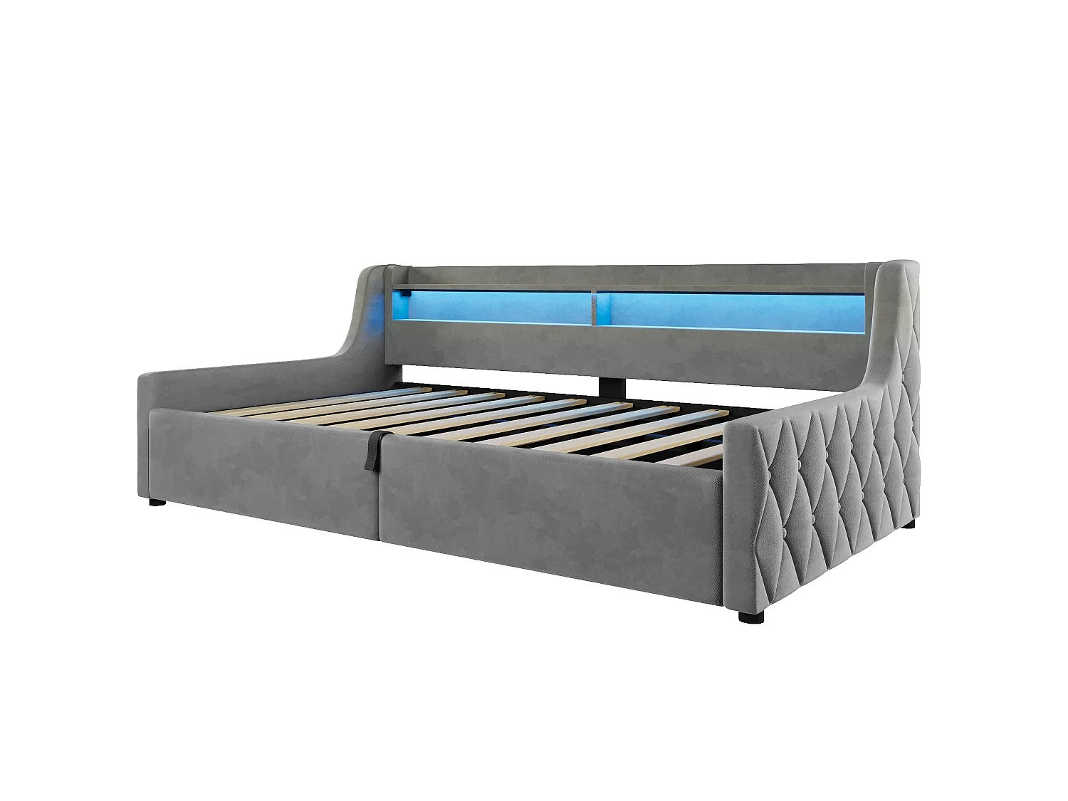 Lit coffre enfant 90x200 cm avec sommier à lattes et LED - Lit banquette en tissu gris