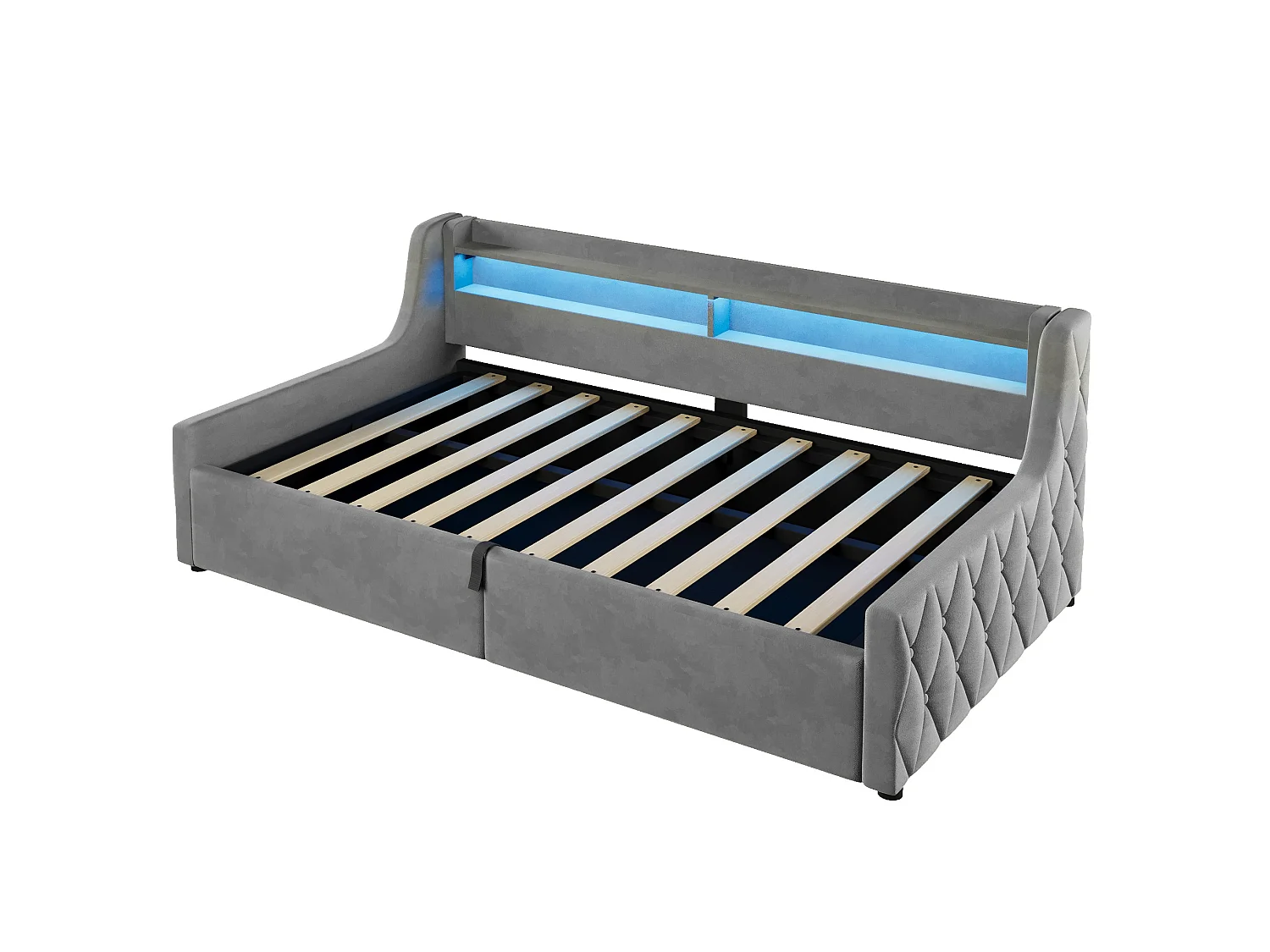Lit coffre enfant 90x200 cm avec sommier à lattes et LED - Lit banquette en tissu gris