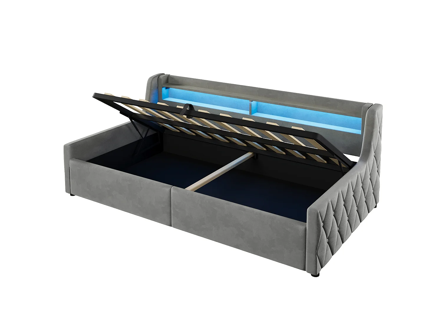 Lit coffre enfant 90x200 cm avec sommier à lattes et LED - Lit banquette en tissu gris