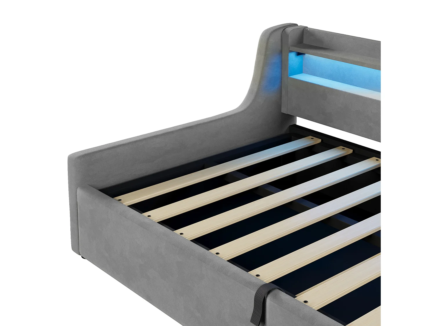 Lit coffre enfant 90x200 cm avec sommier à lattes et LED - Lit banquette en tissu gris