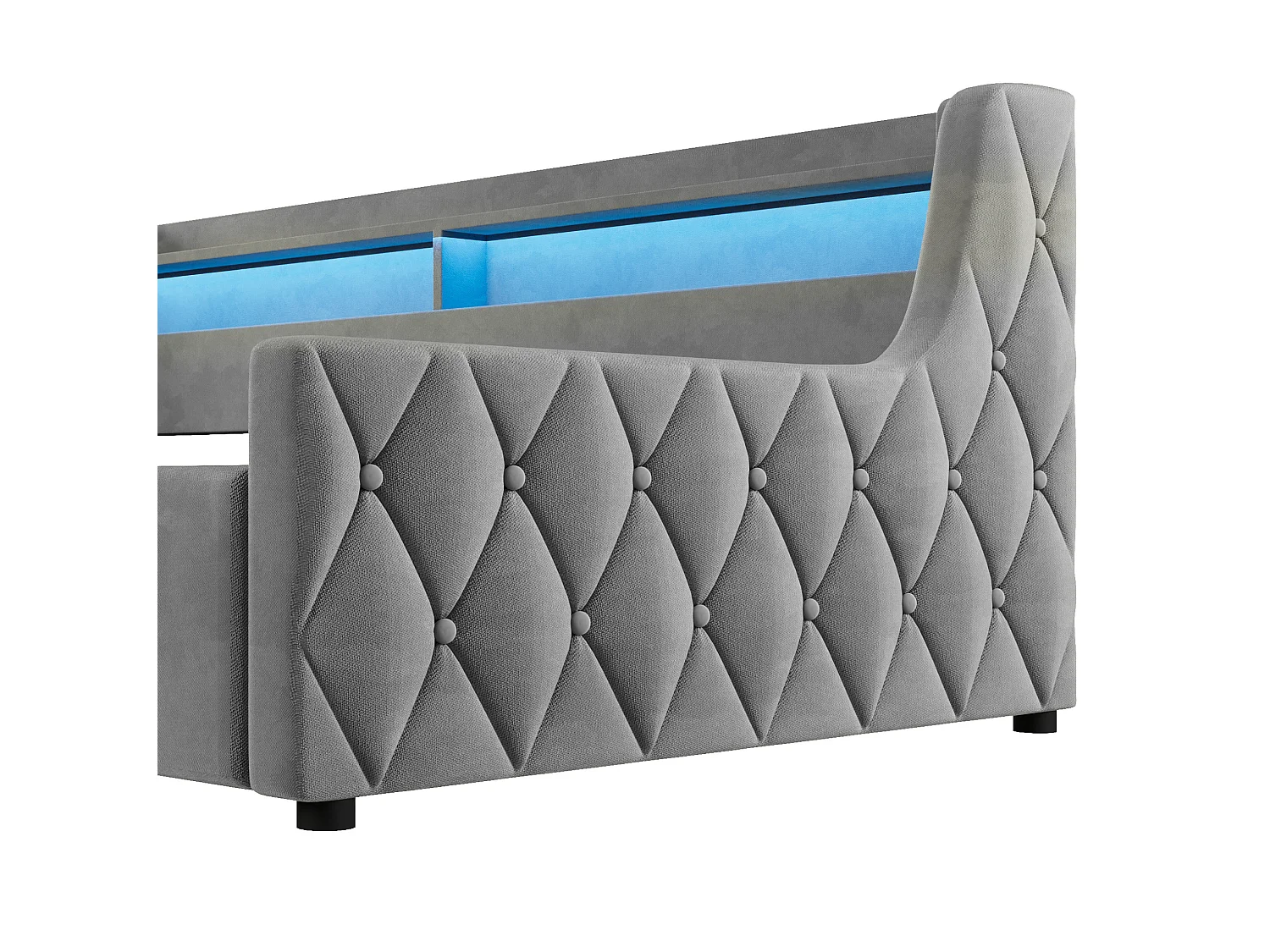 Lit coffre enfant 90x200 cm avec sommier à lattes et LED - Lit banquette en tissu gris