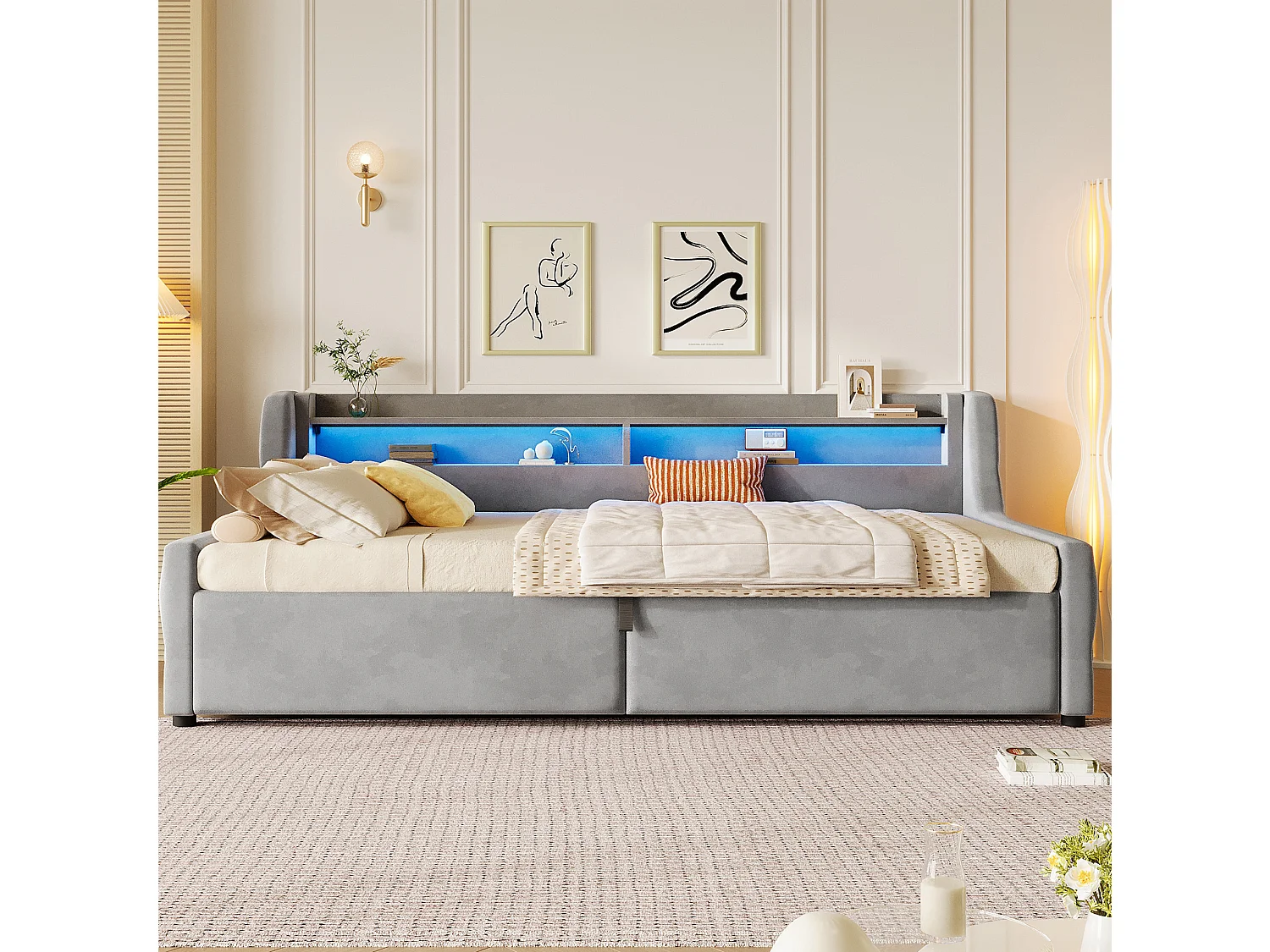 Lit coffre enfant 90x200 cm avec sommier à lattes et LED - Lit banquette en tissu gris