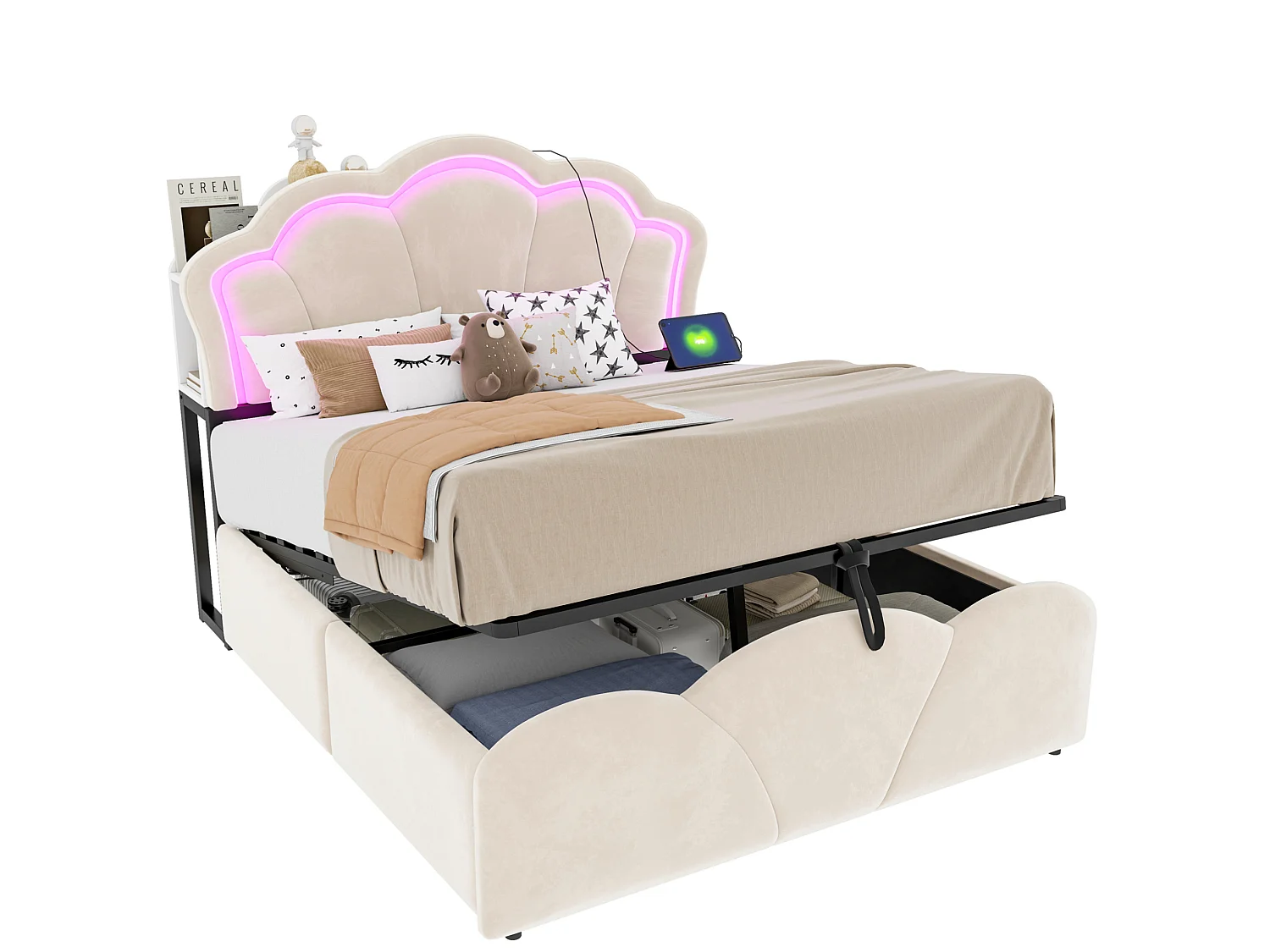 Lit coffre adulte 140x200 cm en velours beige - Avec LED et prises