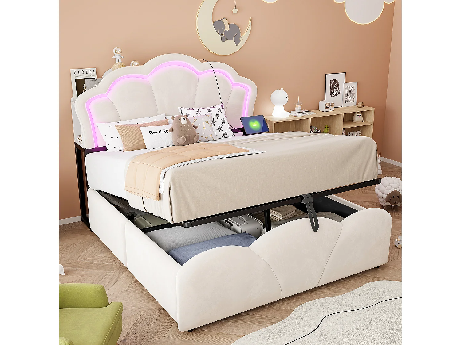 Lit coffre adulte 140x200 cm en velours beige - Avec LED et prises
