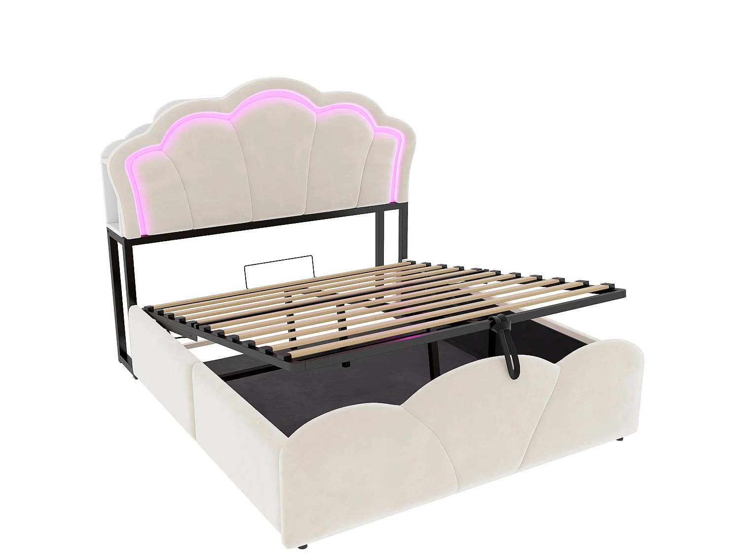 Lit coffre adulte 140x200 cm en velours beige - Avec LED et prises