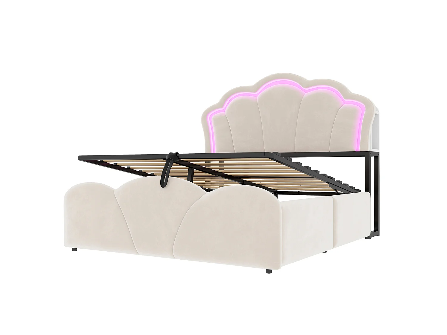 Lit coffre adulte 140x200 cm en velours beige - Avec LED et prises