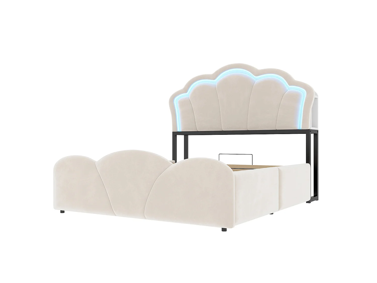Lit coffre adulte 140x200 cm en velours beige - Avec LED et prises