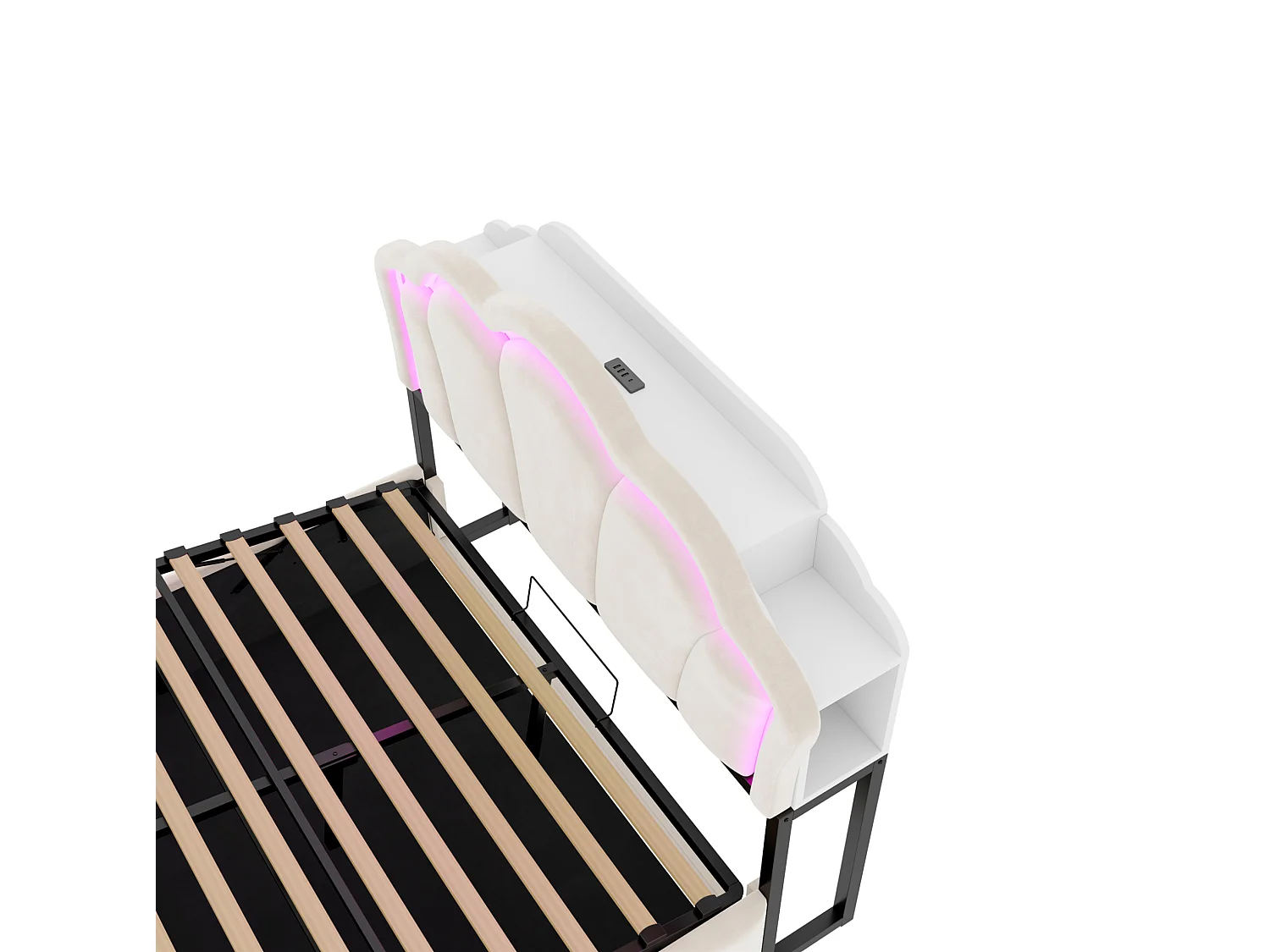 Lit coffre adulte 140x200 cm en velours beige - Avec LED et prises