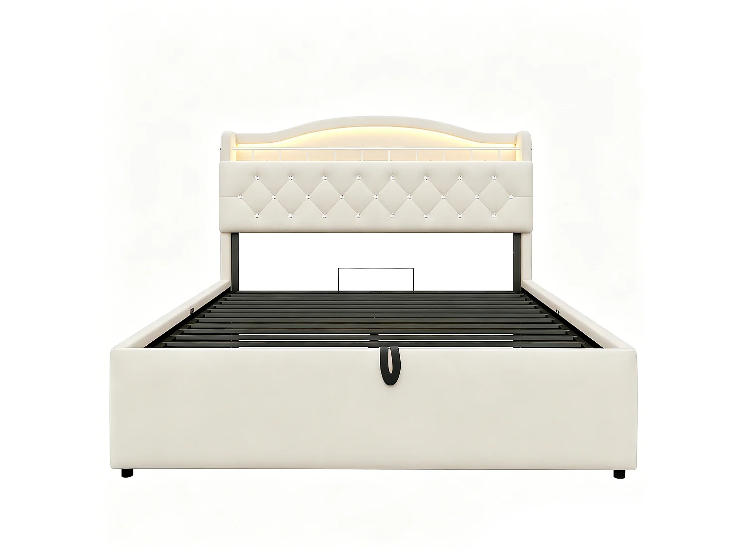 Lit coffre adulte 140x200 cm avec LED et ports USB/USB-C - Velours beige