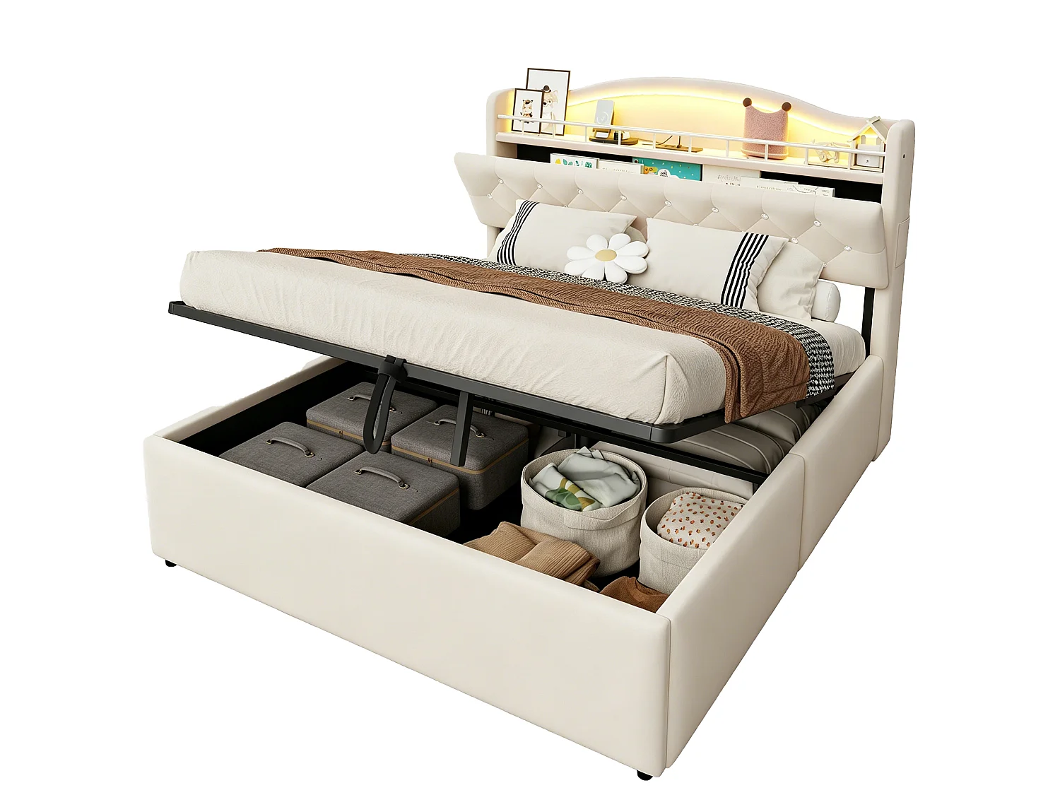 Lit coffre adulte 140x200 cm avec LED et ports USB/USB-C - Velours beige