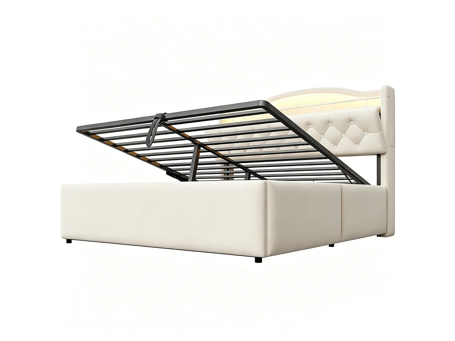 Lit coffre adulte 140x200 cm avec LED et ports USB/USB-C - Velours beige