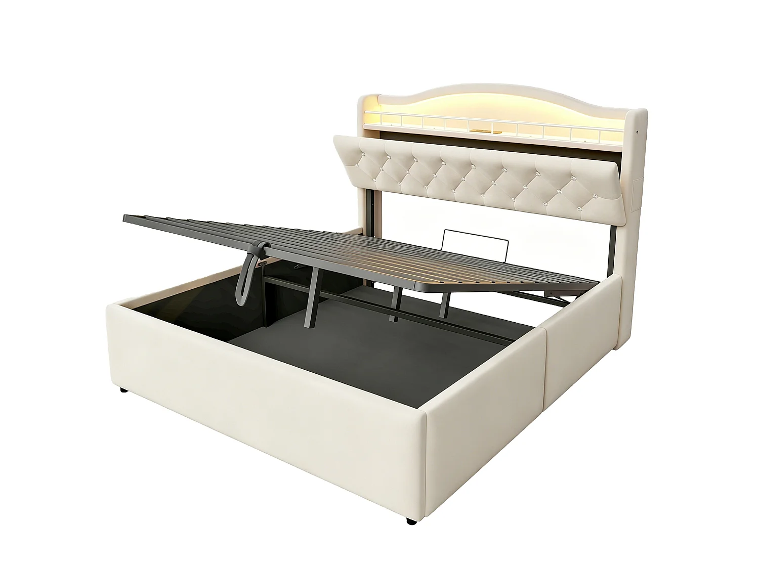 Lit coffre adulte 140x200 cm avec LED et ports USB/USB-C - Velours beige