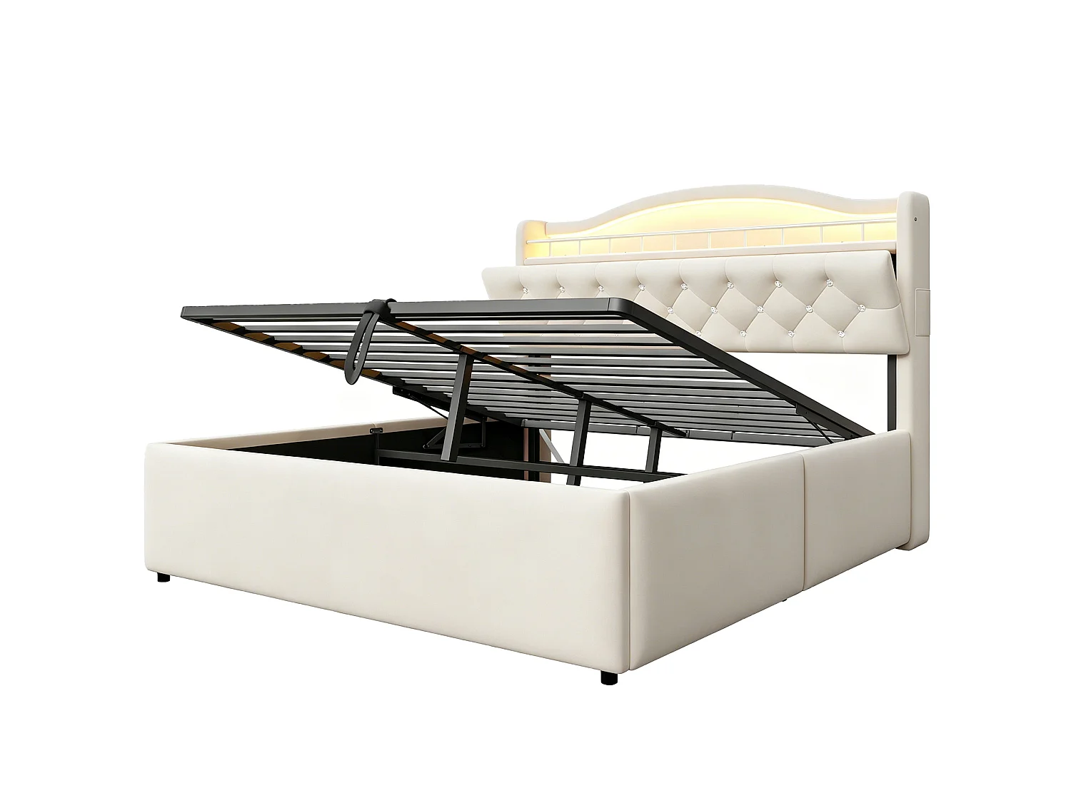 Lit coffre adulte 140x200 cm avec LED et ports USB/USB-C - Velours beige