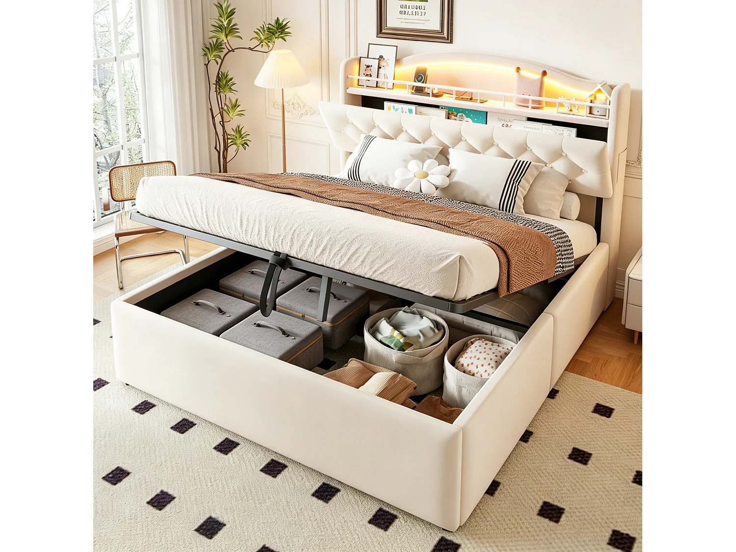 Lit coffre adulte 140x200 cm avec LED et ports USB/USB-C - Velours beige