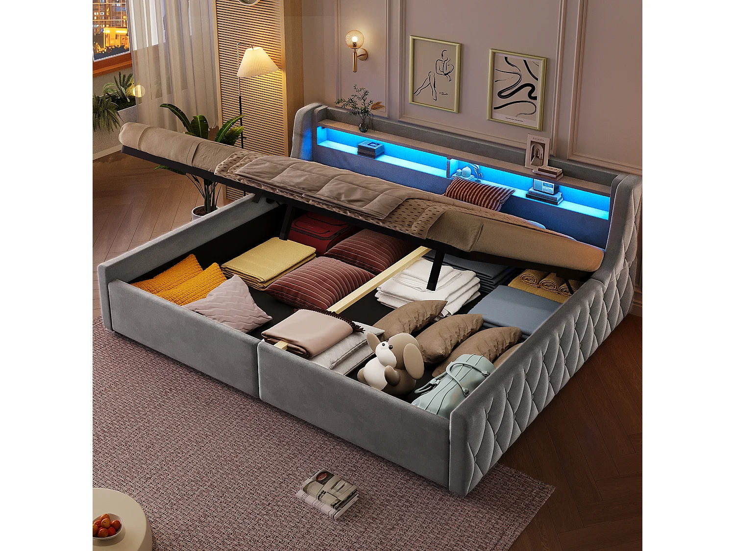Lit coffre adulte 140x200 cm avec sommier à lattes et LED - Lit banquette en tissu gris