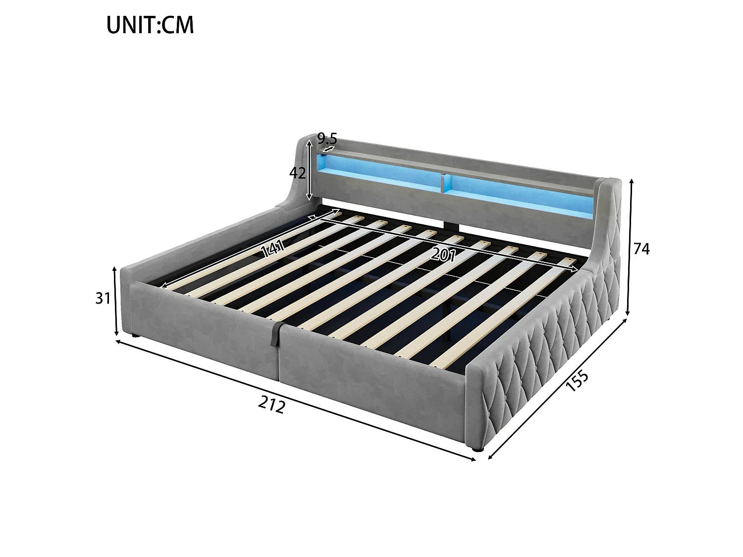 Lit coffre adulte 140x200 cm avec sommier à lattes et LED - Lit banquette en tissu gris