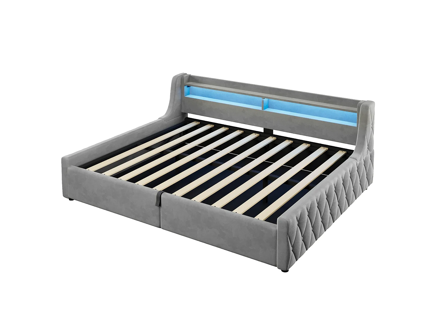 Lit coffre adulte 140x200 cm avec sommier à lattes et LED - Lit banquette en tissu gris